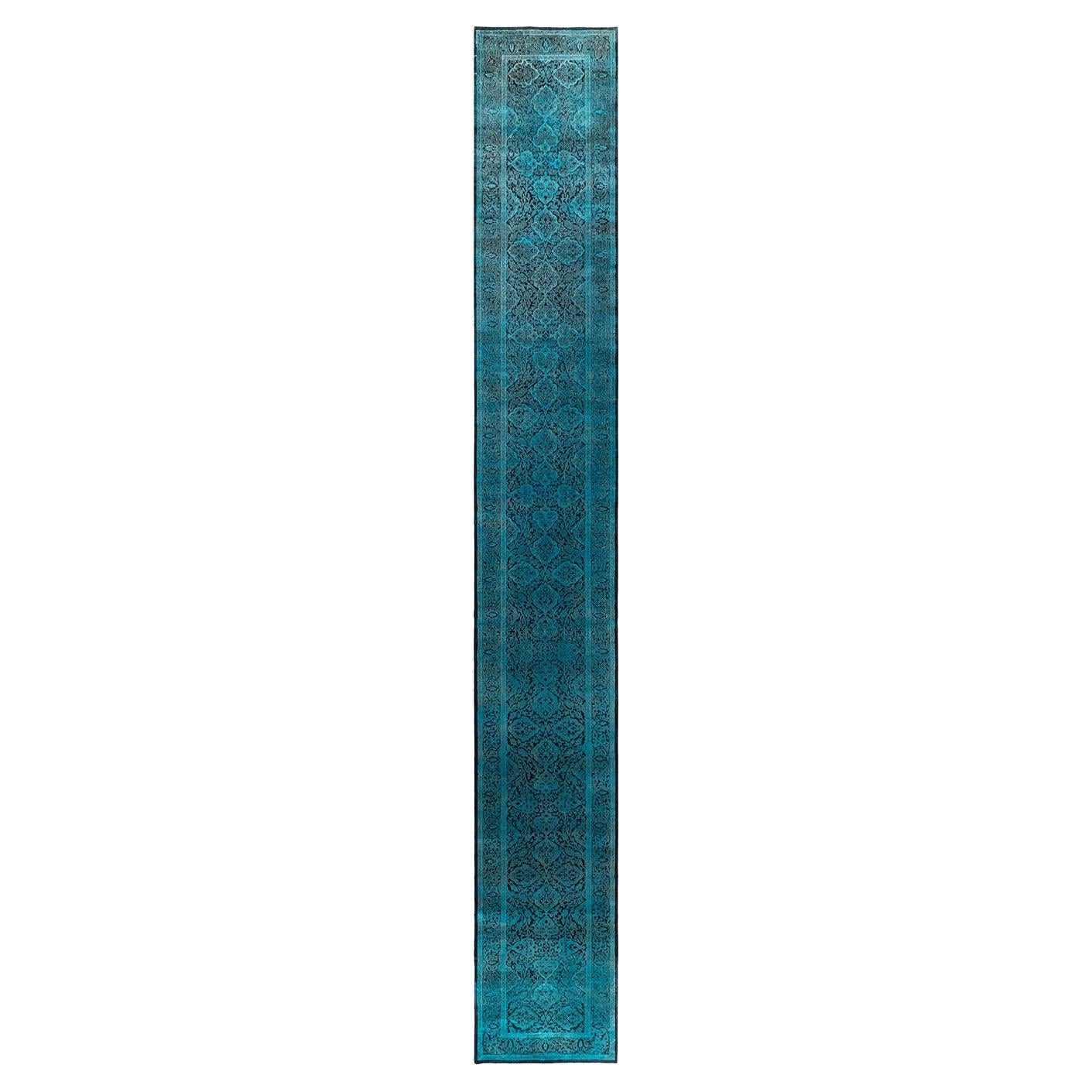 Contemporary Fine Vibrance Hand Knotted Wool Blue Runner