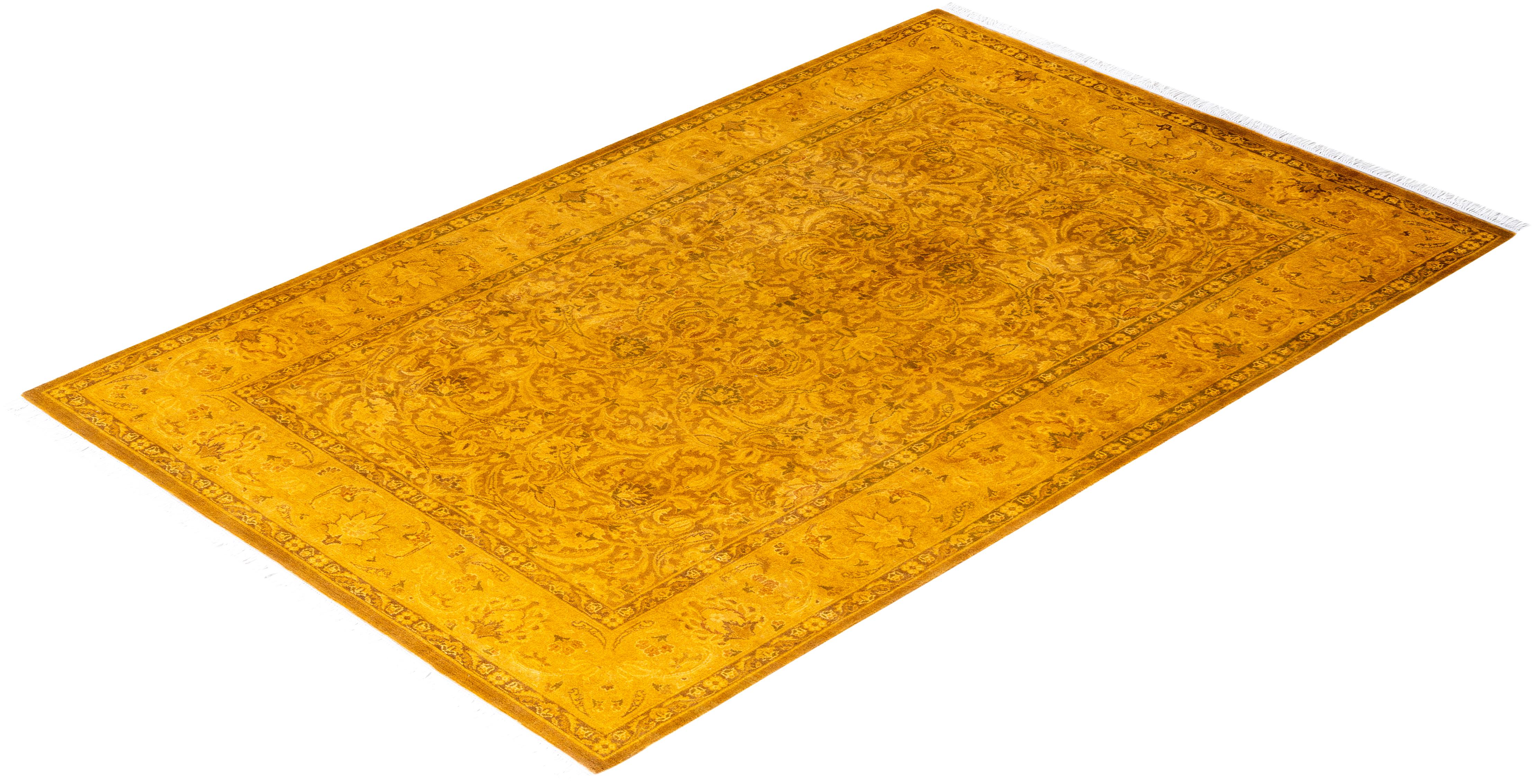 Contemporary Fine Vibrance Hand Knotted Wool Gold Area Rug For Sale 4