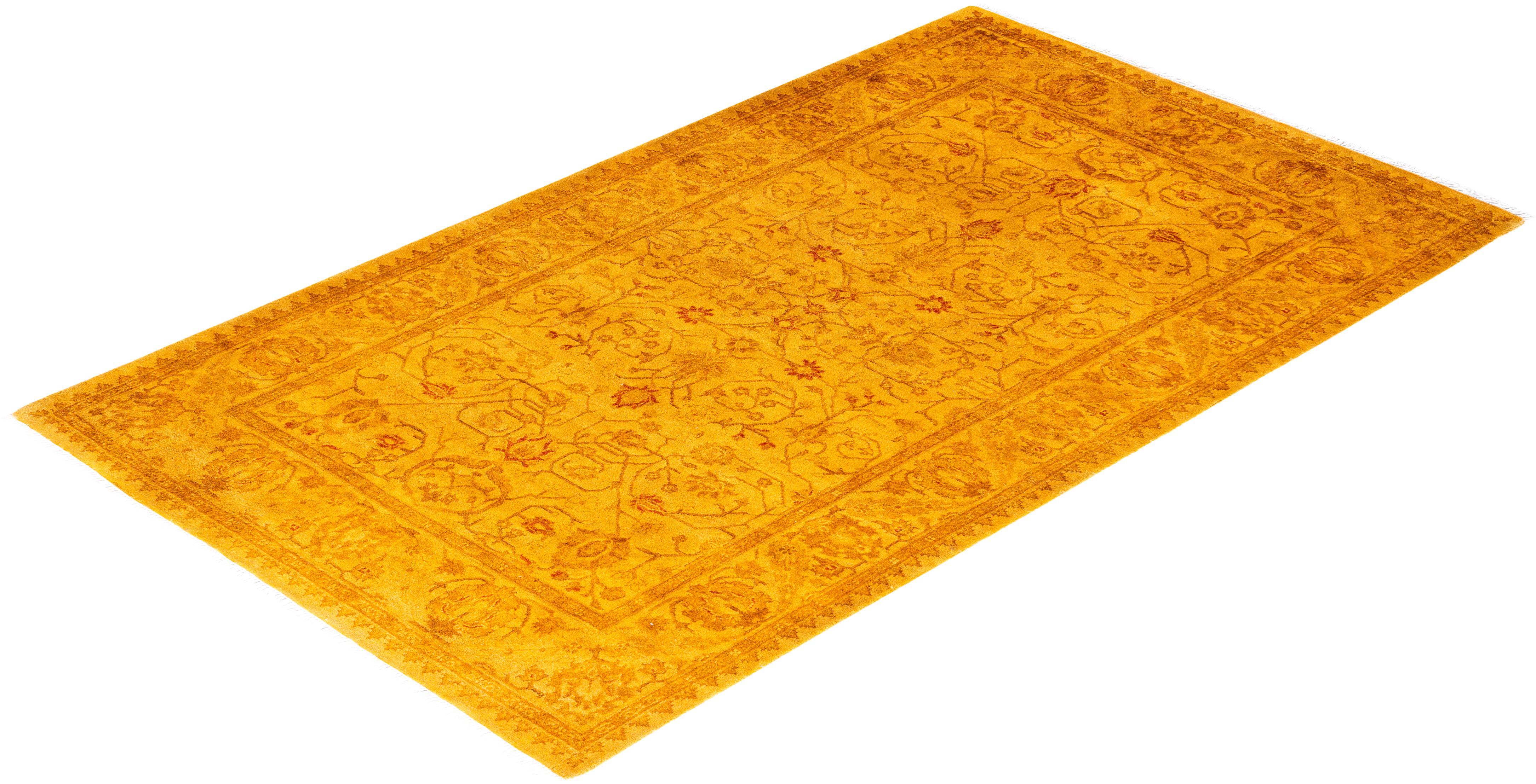 Contemporary Fine Vibrance Hand Knotted Wool Gold Area Rug For Sale 4