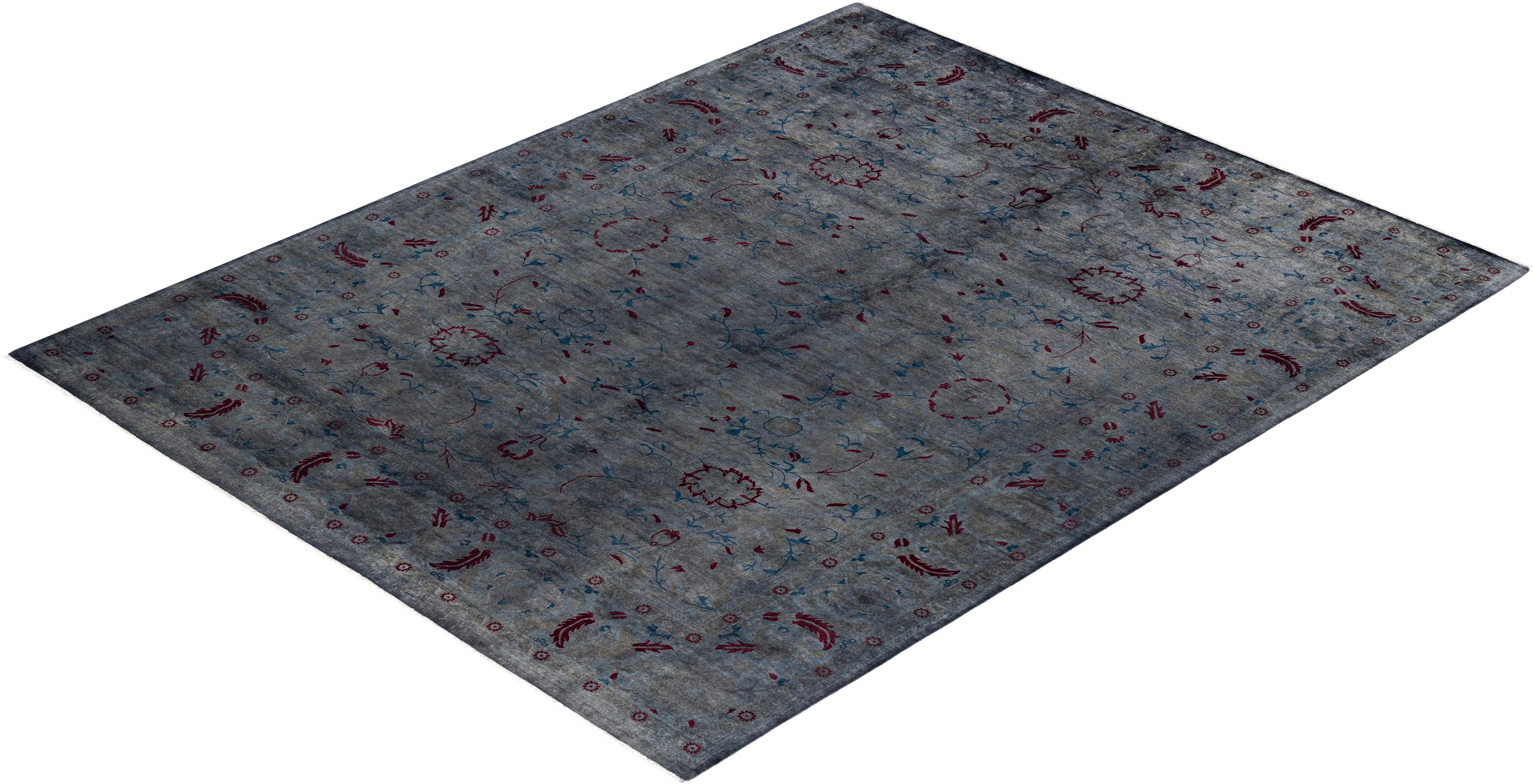 Contemporary Fine Vibrance Hand Knotted Wool Gray Area Rug For Sale 4