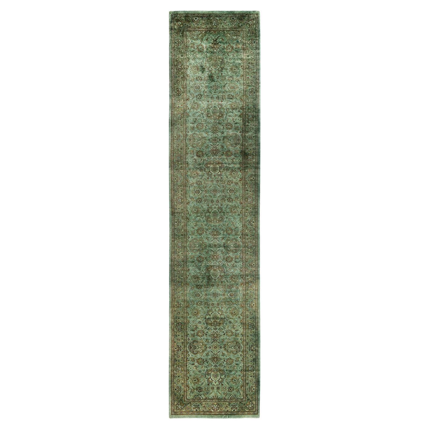 Contemporary Fine Vibrance Hand Knotted Wool Gray Runner  For Sale