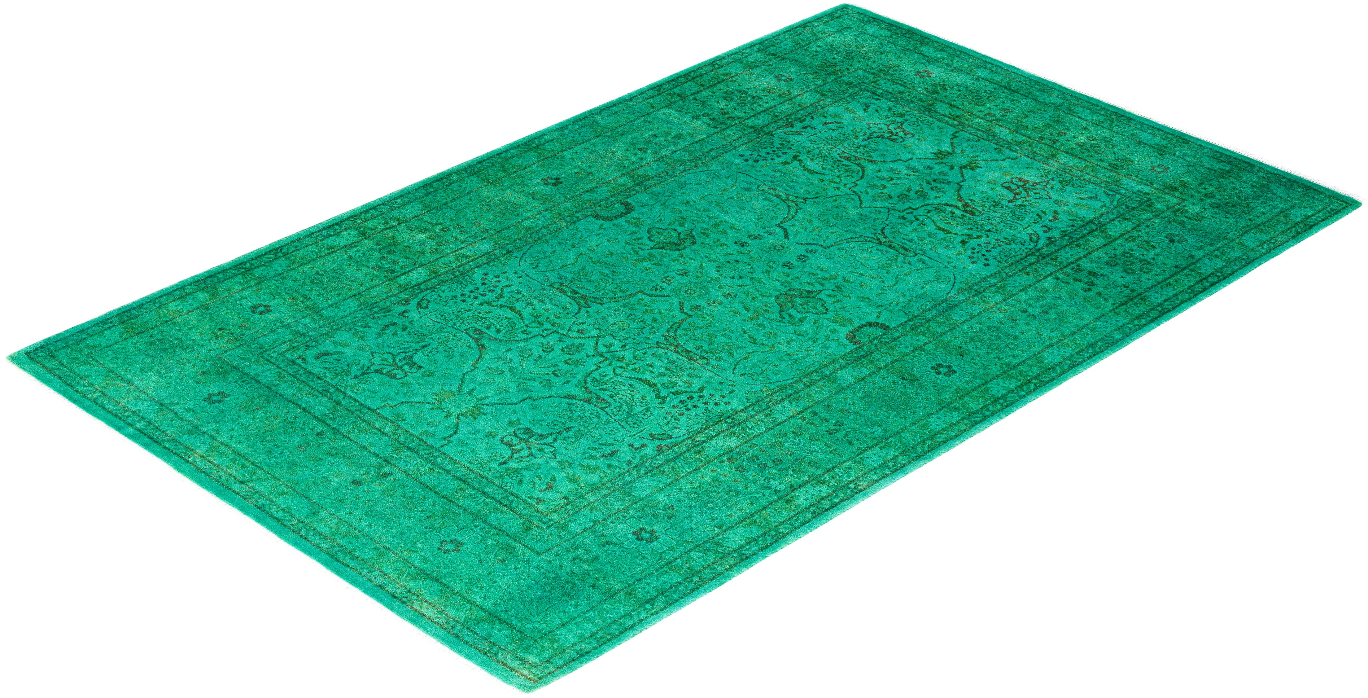 Contemporary Fine Vibrance Hand Knotted Wool Green Area Rug  For Sale 4