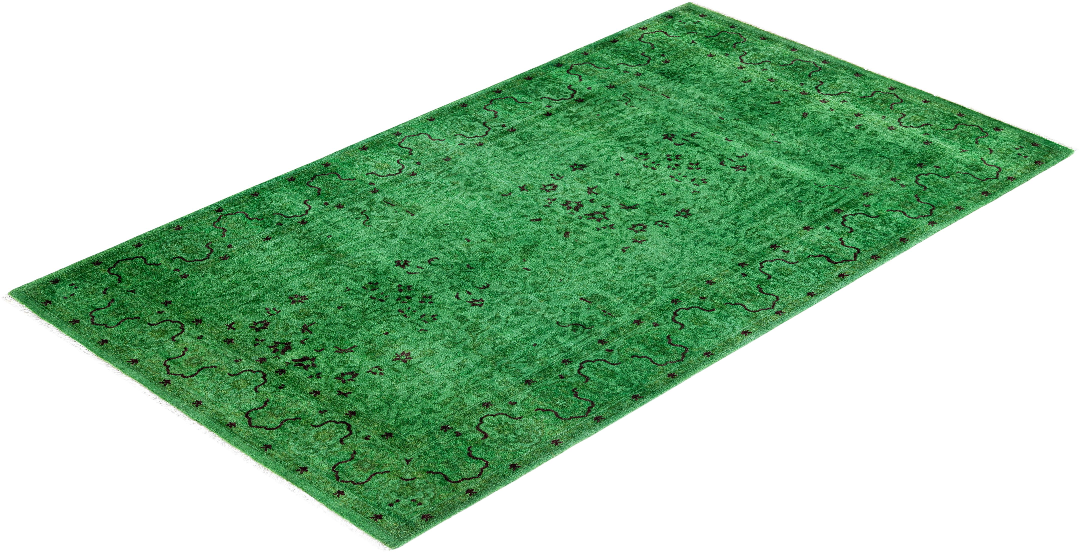 Contemporary Fine Vibrance Hand Knotted Wool Green Area Rug For Sale 4