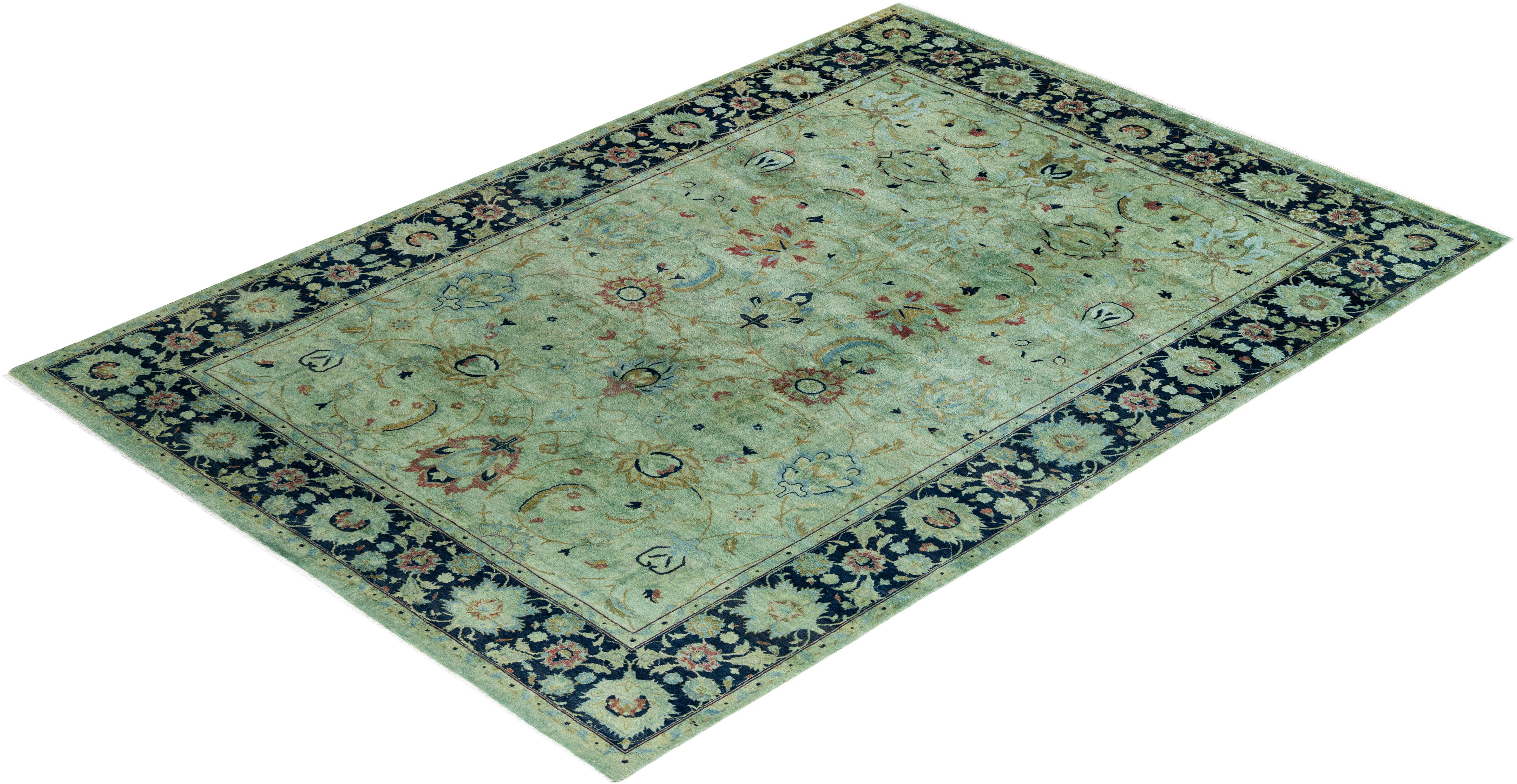 Contemporary Fine Vibrance Hand Knotted Wool Green Area Rug For Sale 4