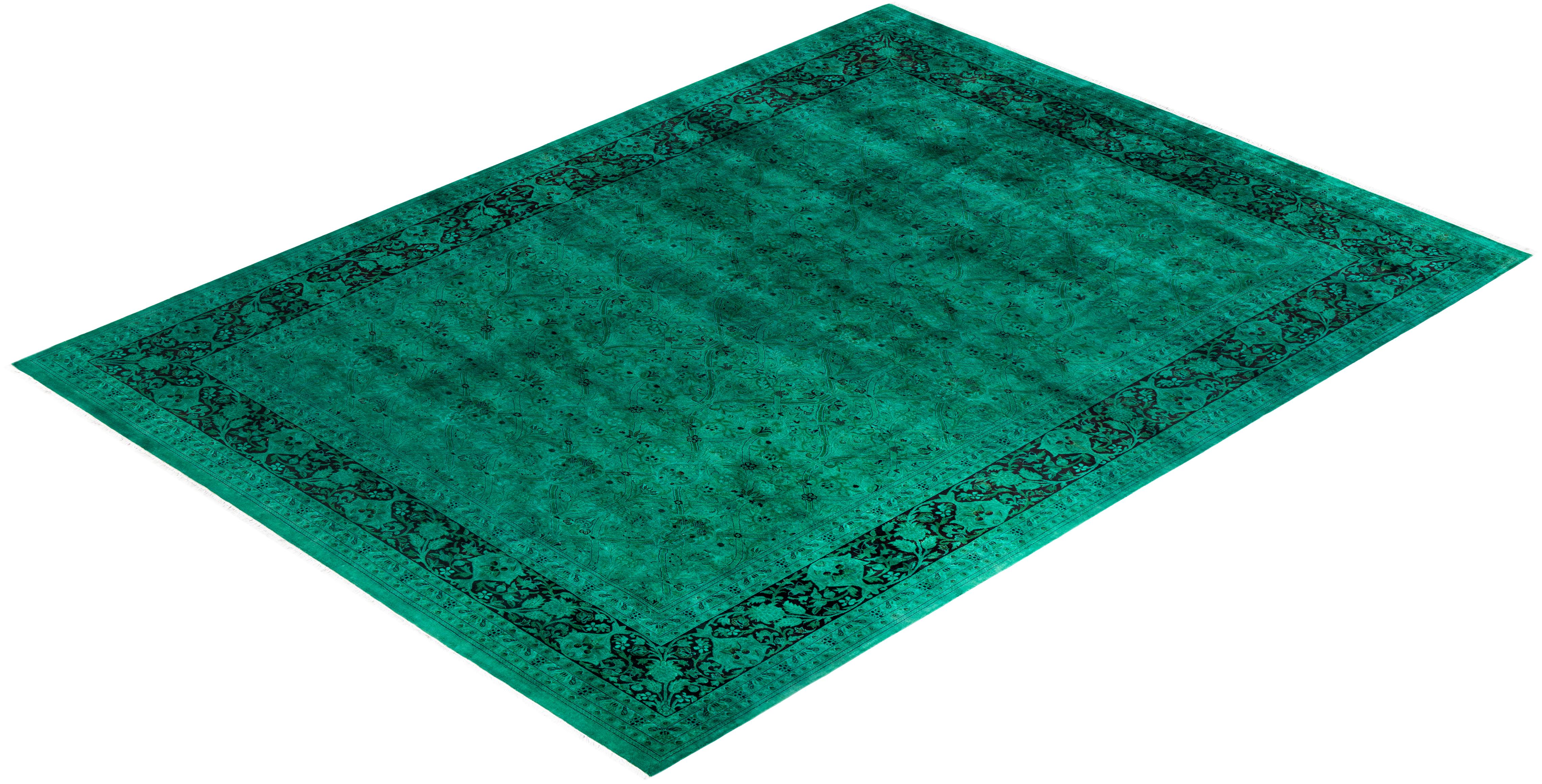 Contemporary Fine Vibrance Hand Knotted Wool Green Area Rug For Sale 4