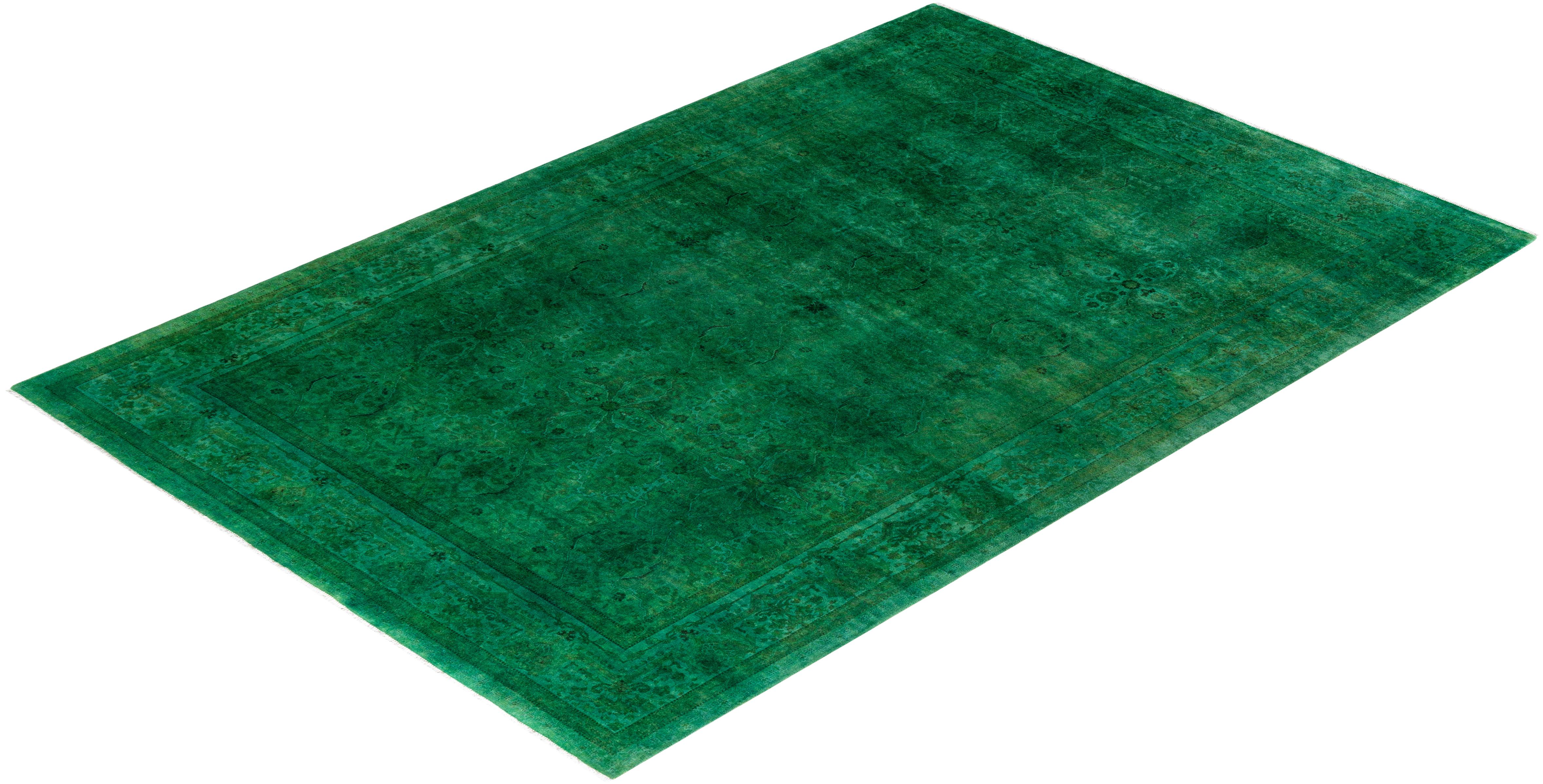 Contemporary Fine Vibrance Hand Knotted Wool Green Area Rug For Sale 4