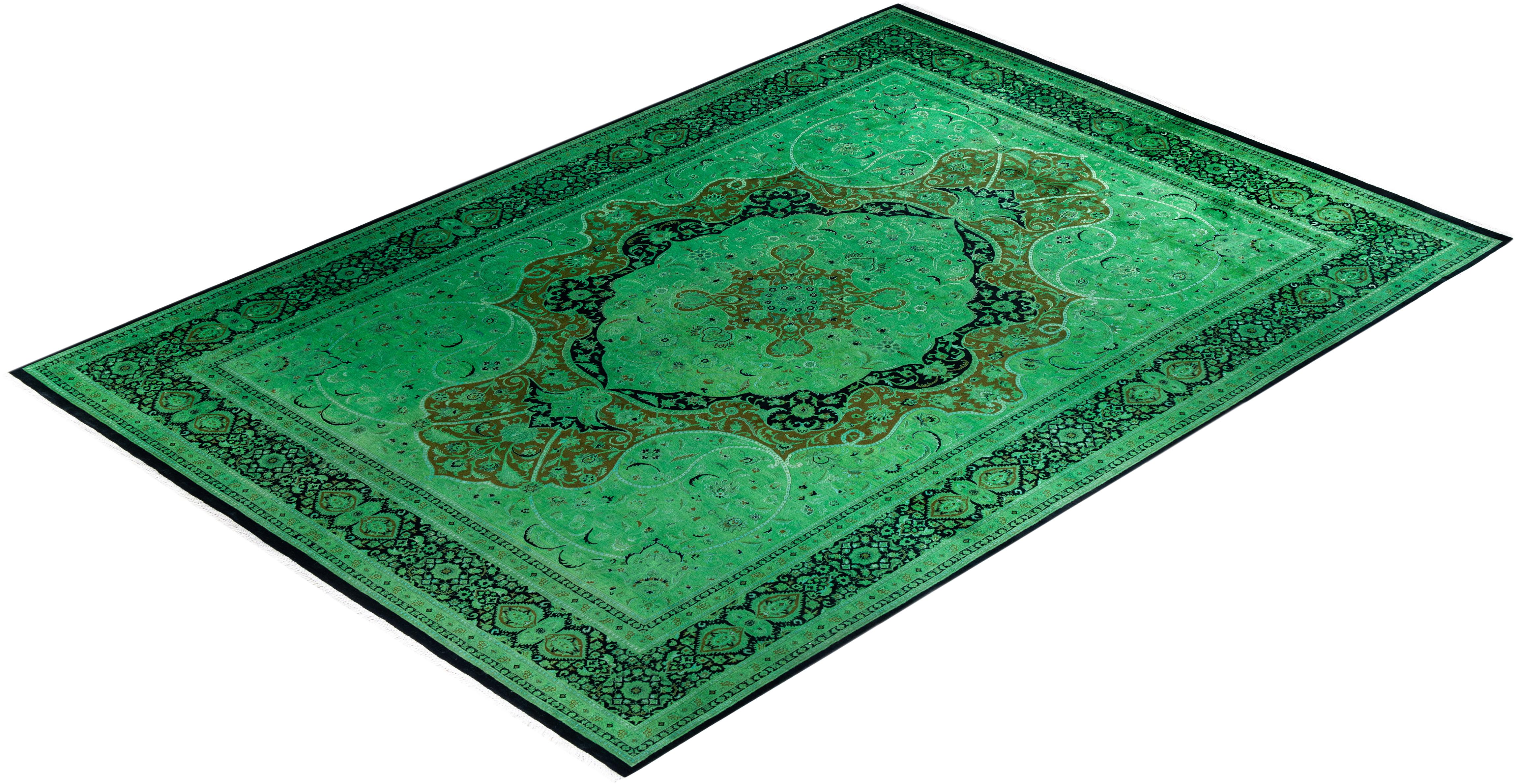 Contemporary Fine Vibrance Hand Knotted Wool Green Area Rug (Tapis de sol en laine verte nouée à la main) en vente 2