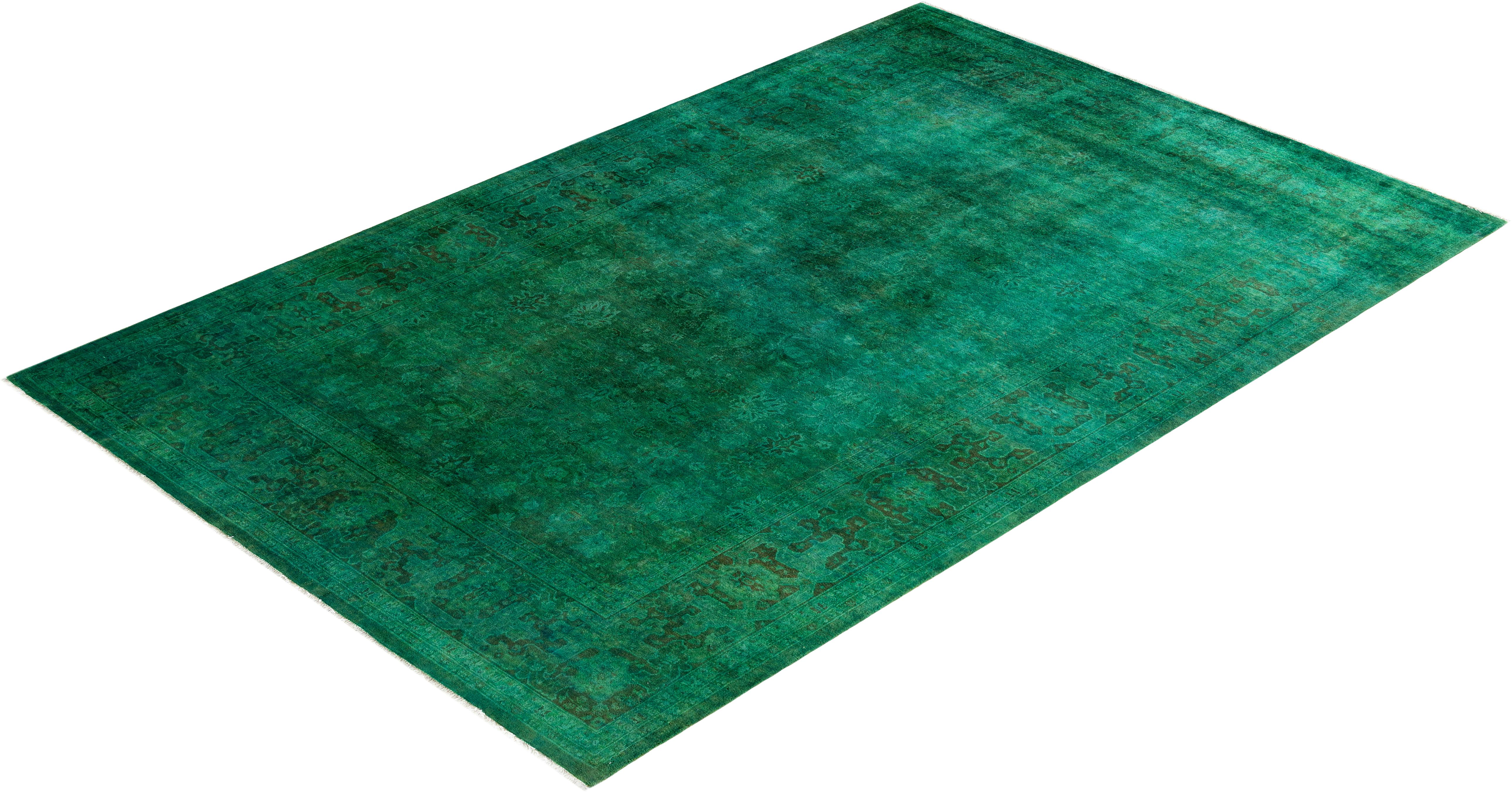 Contemporary Fine Vibrance Hand Knotted Wool Green Area Rug For Sale 4