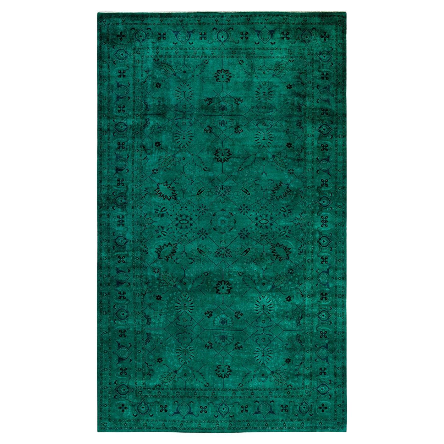 Contemporary Fine Vibrance Hand Knotted Wool Green Area Rug For Sale