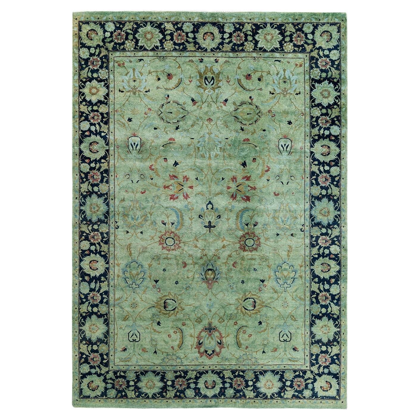 Contemporary Fine Vibrance Hand Knotted Wool Green Area Rug