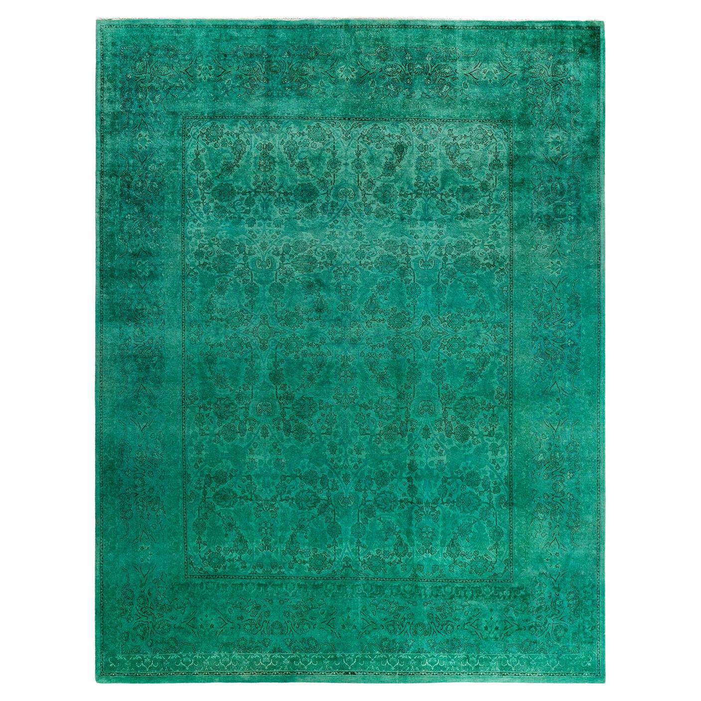 Contemporary Fine Vibrance Hand Knotted Wool Green Area Rug  For Sale