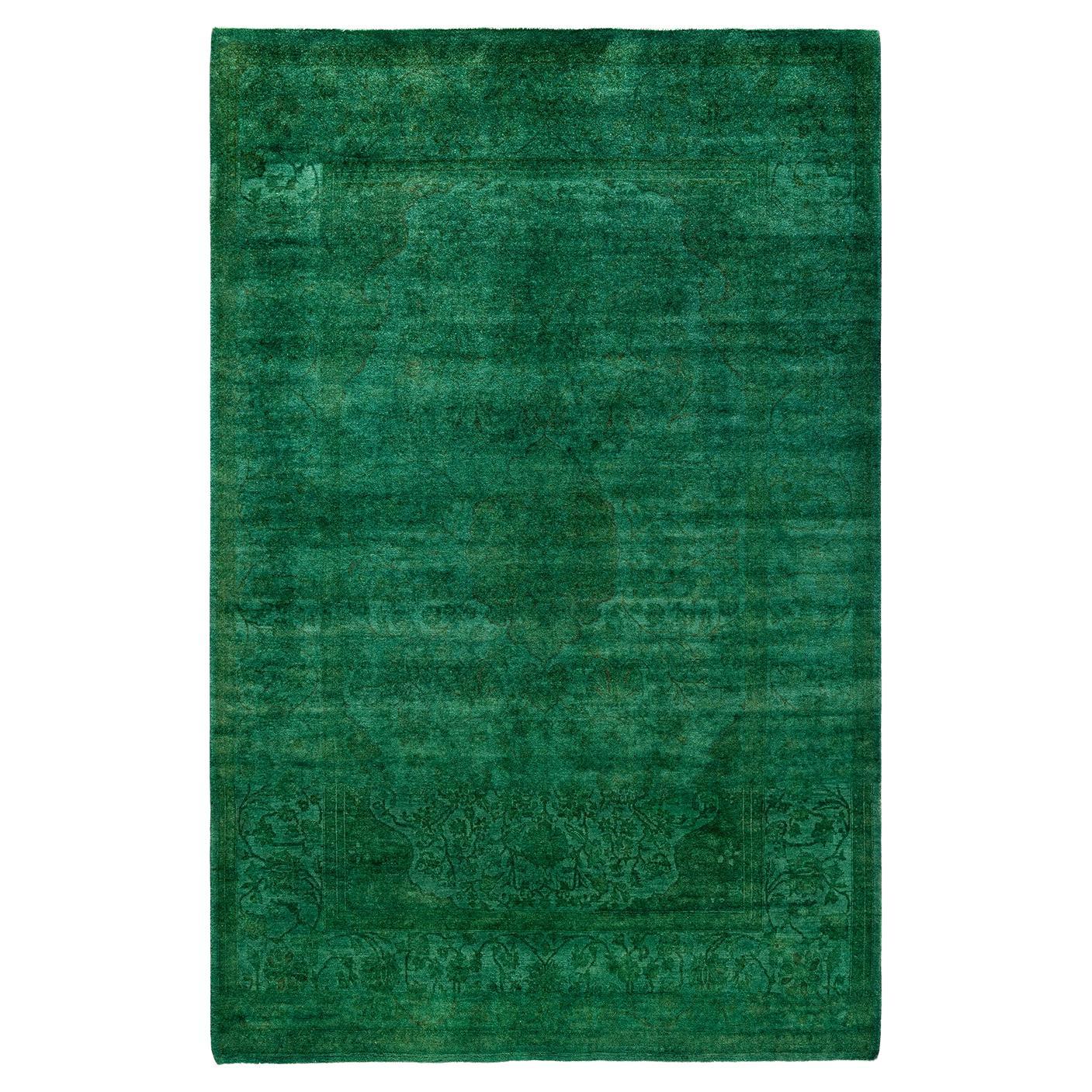 Contemporary Fine Vibrance Hand Knotted Wool Green Area Rug (Tapis de sol en laine verte nouée à la main) en vente