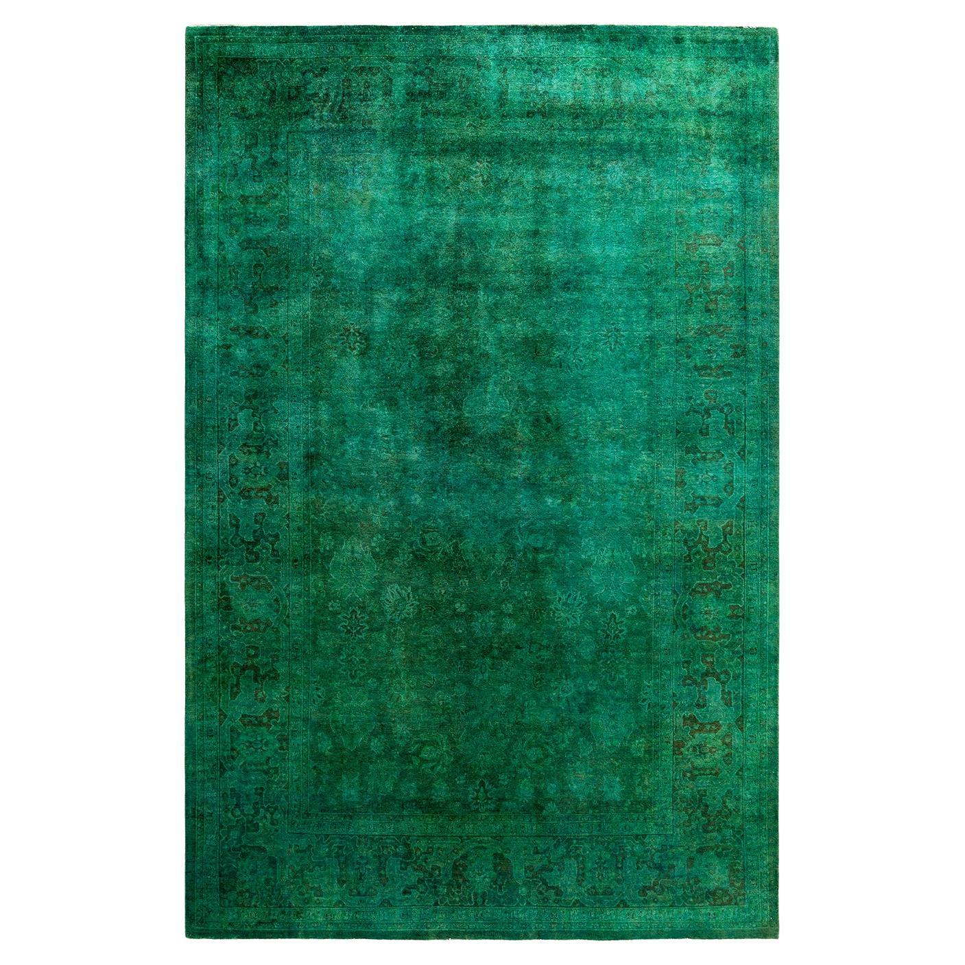 Contemporary Fine Vibrance Hand Knotted Wool Green Area Rug For Sale