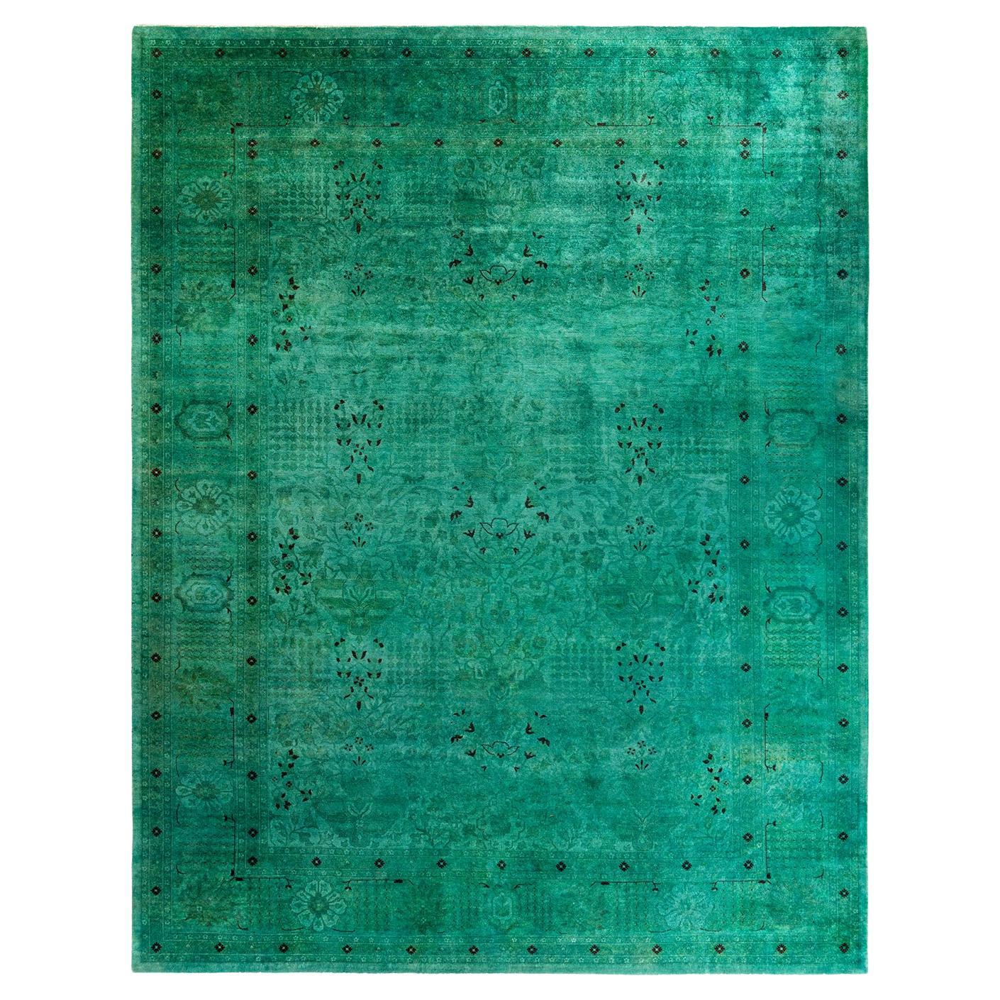 Contemporary Fine Vibrance Hand Knotted Wool Green Area Rug For Sale