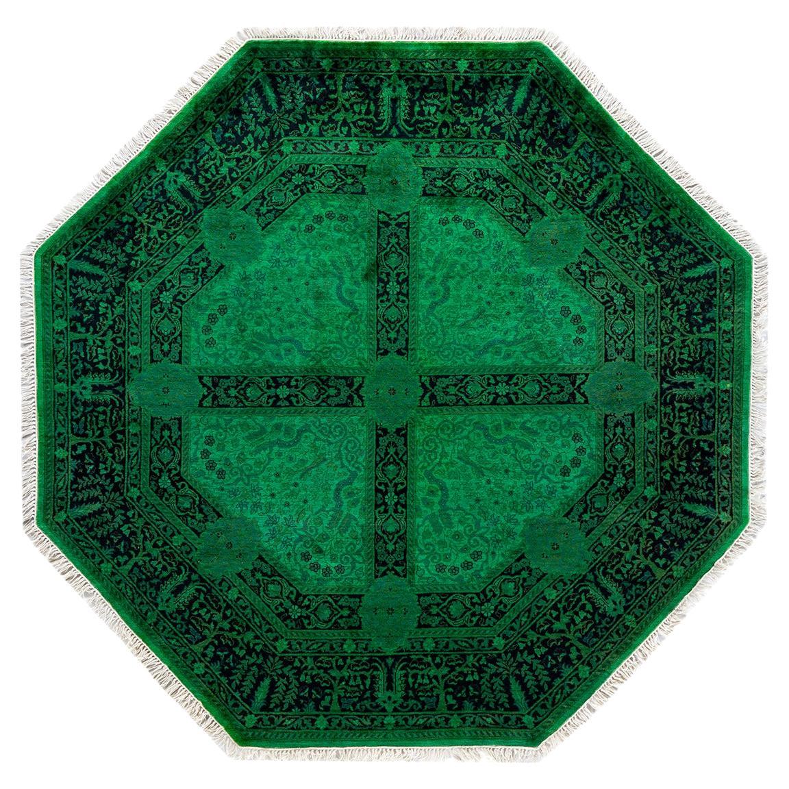 Contemporary Fine Vibrance Hand Knotted Wool Green Octagon Area Rug For Sale