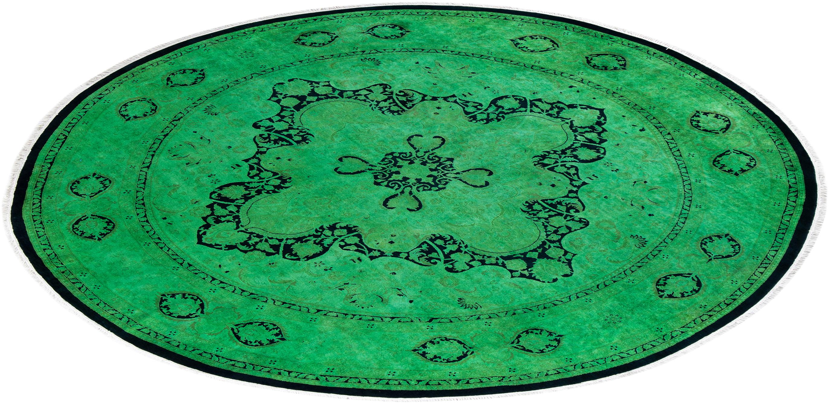 Contemporary Fine Vibrance Hand Knotted Wool Green Round Area Rug For Sale 4