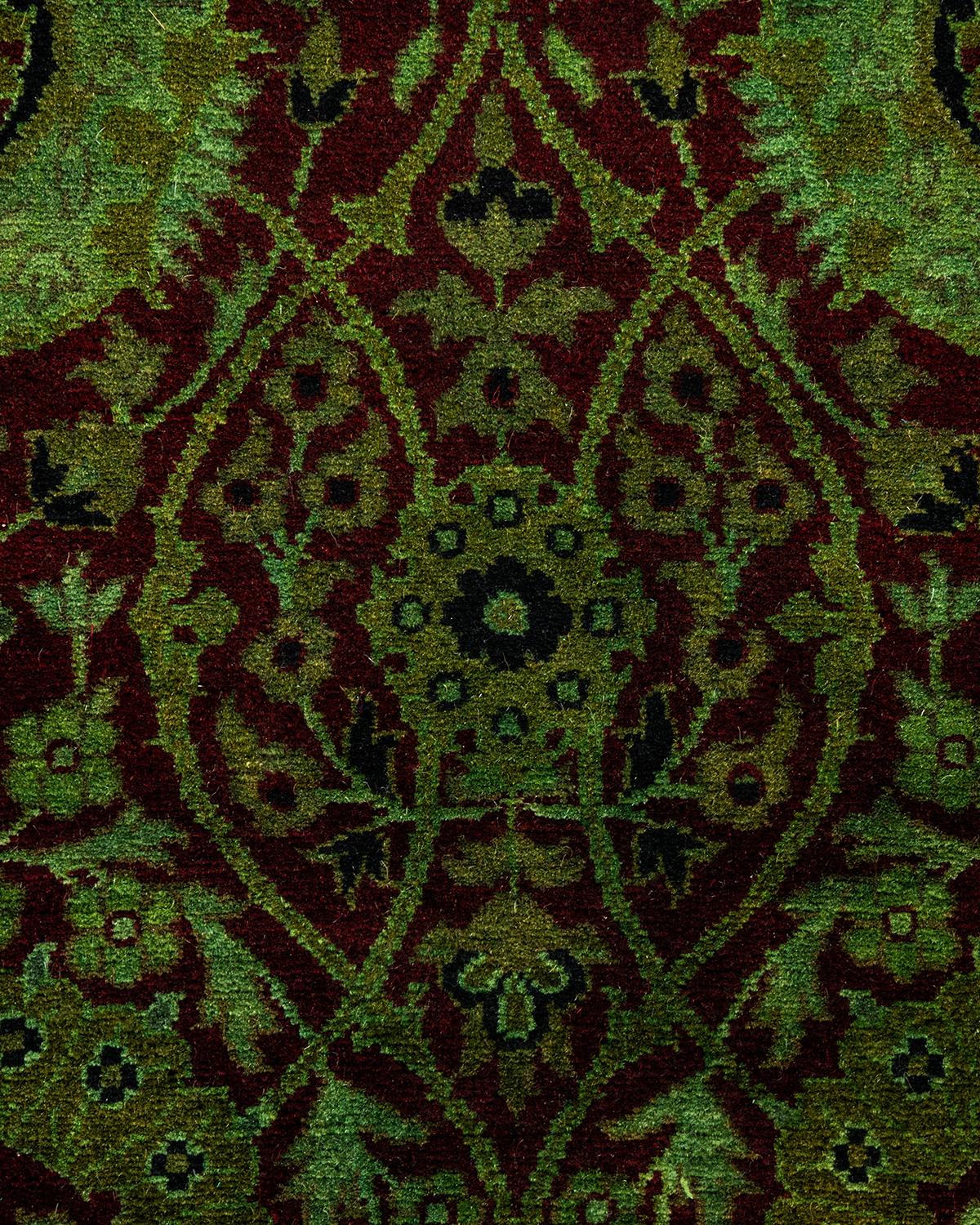 Pakistani Contemporary Fine Vibrance Hand Knotted Wool Green Runner For Sale