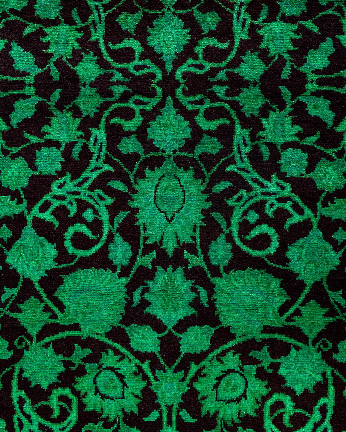 Pakistani Contemporary Fine Vibrance Hand Knotted Wool Green Runner For Sale