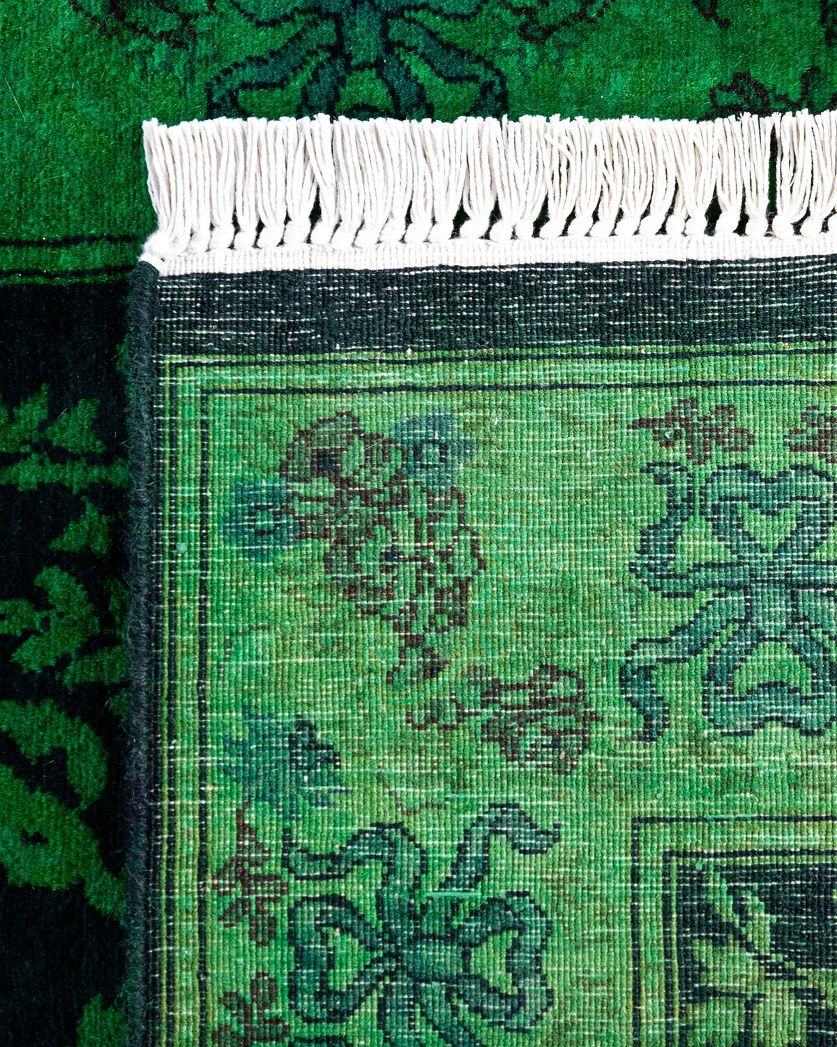Contemporary Fine Vibrance Hand Knotted Wool Green Runner For Sale 1
