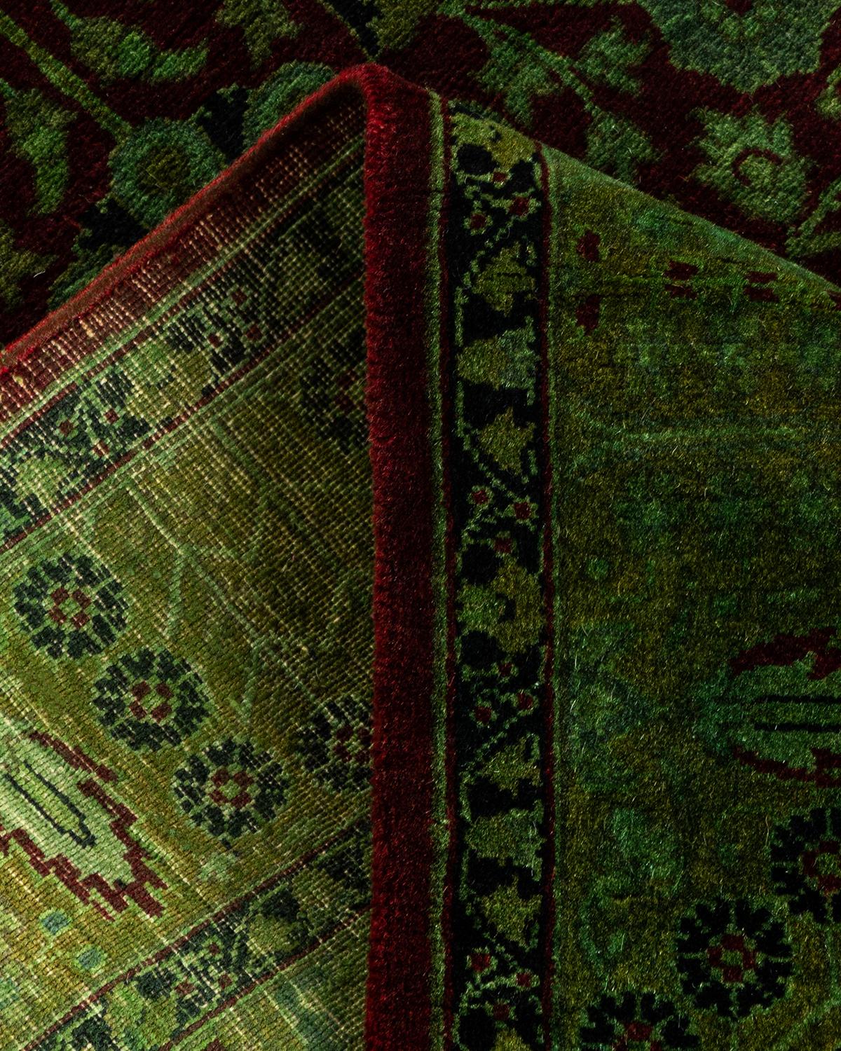 Contemporary Fine Vibrance Hand Knotted Wool Green Runner For Sale 2
