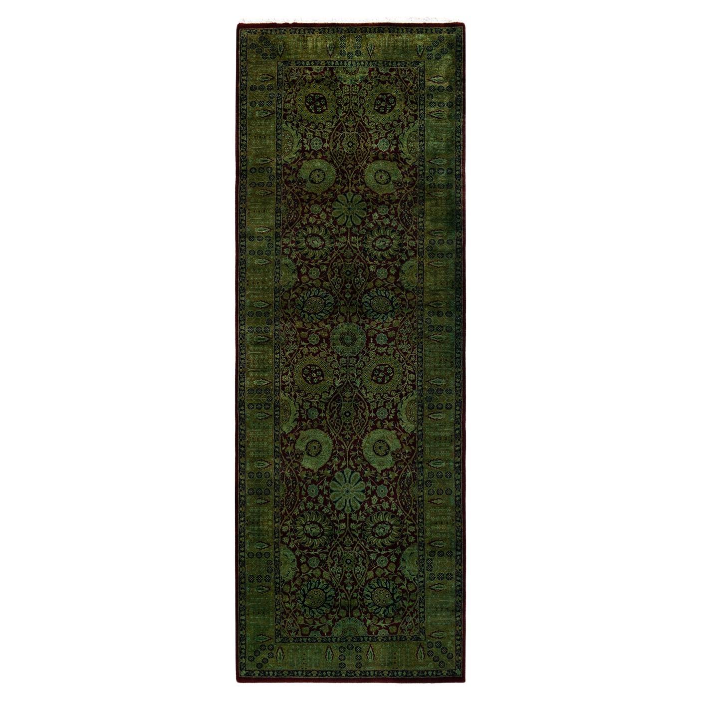 Contemporary Fine Vibrance Hand Knotted Wool Green Runner For Sale
