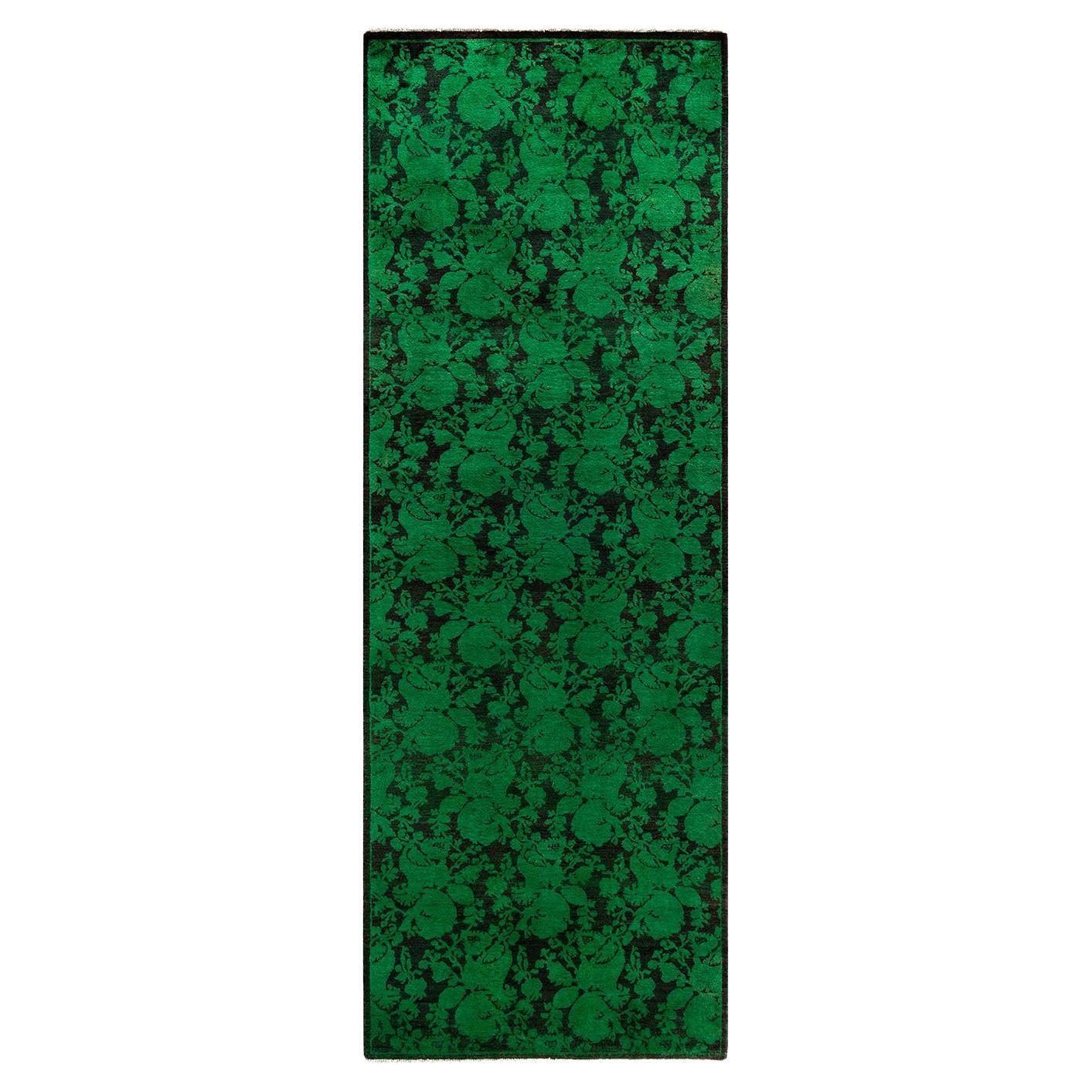 Contemporary Fine Vibrance Hand Knotted Wool Green Runner