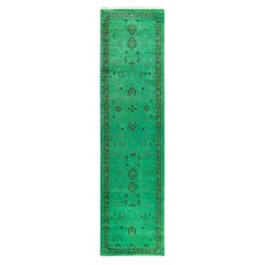 Contemporary Fine Vibrance Hand Knotted Wool Green Runner