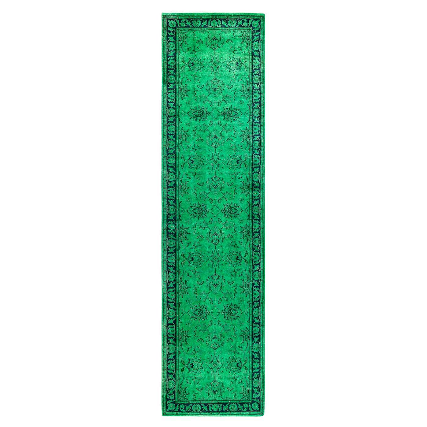 Chemin de table contemporain en laine fine nouée à la main, de couleur verte