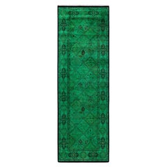 Chemin de table contemporain en laine fine nouée à la main, de couleur verte
