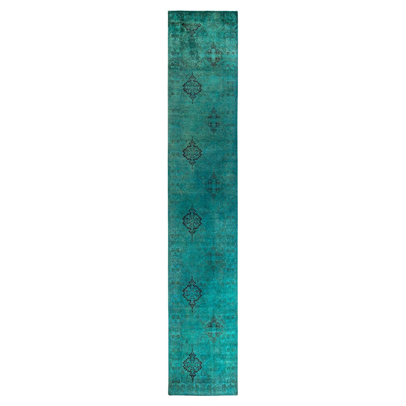 Contemporary Fine Vibrance Hand Knotted Wool Green Runner