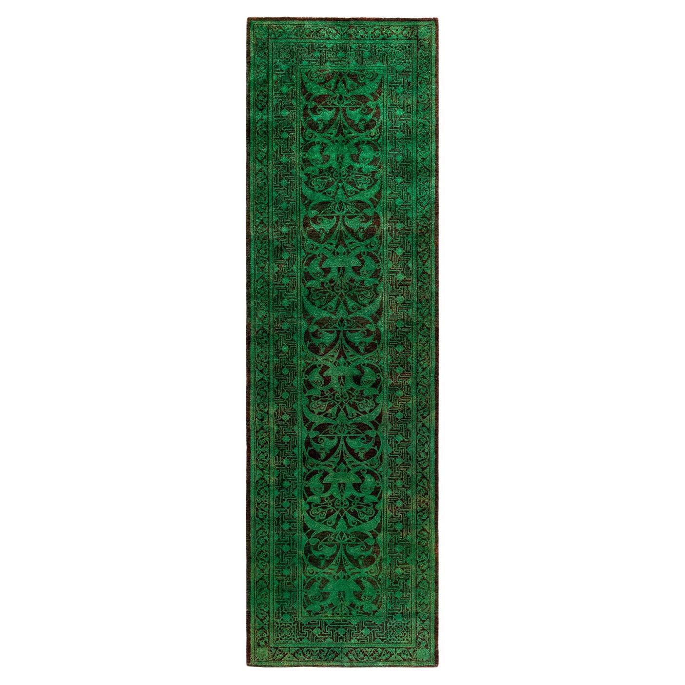 Contemporary Fine Vibrance Hand Knotted Wool Green Runner