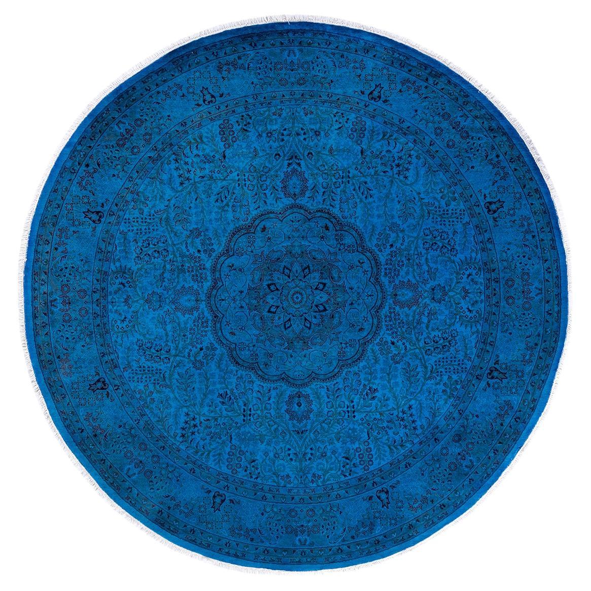 Contemporary Fine Vibrance Hand Knotted Wool Light Blue Round Area Rug For Sale