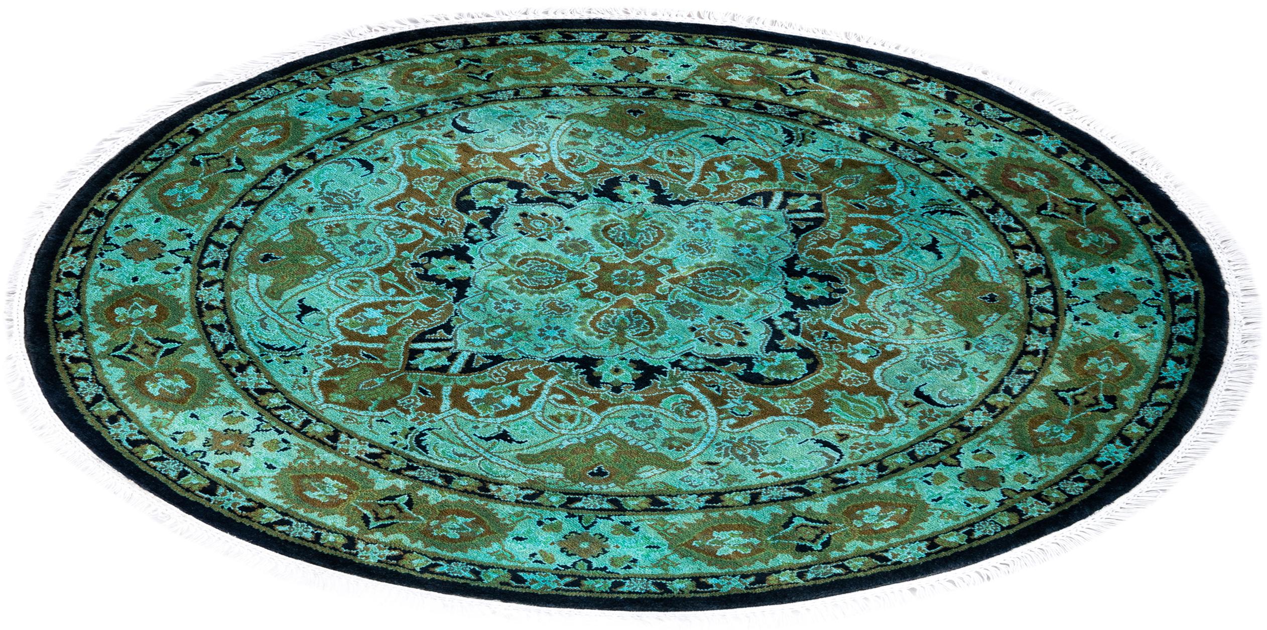 Contemporary Fine Vibrance Hand Knotted Wool Multi Round Area Rug  For Sale 4