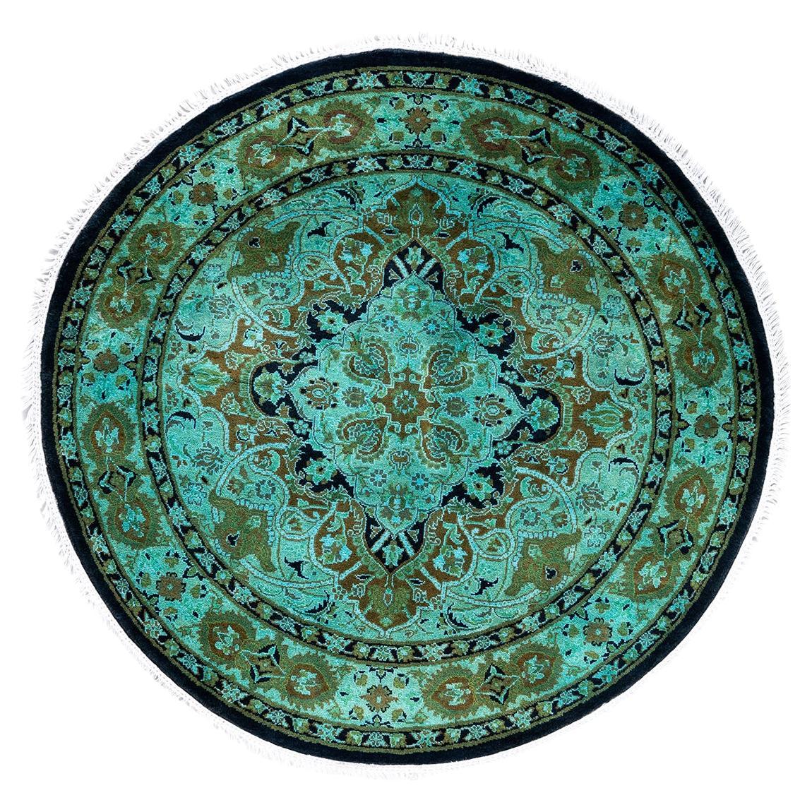 Contemporary Fine Vibrance Hand Knotted Wool Multi Round Area Rug  For Sale
