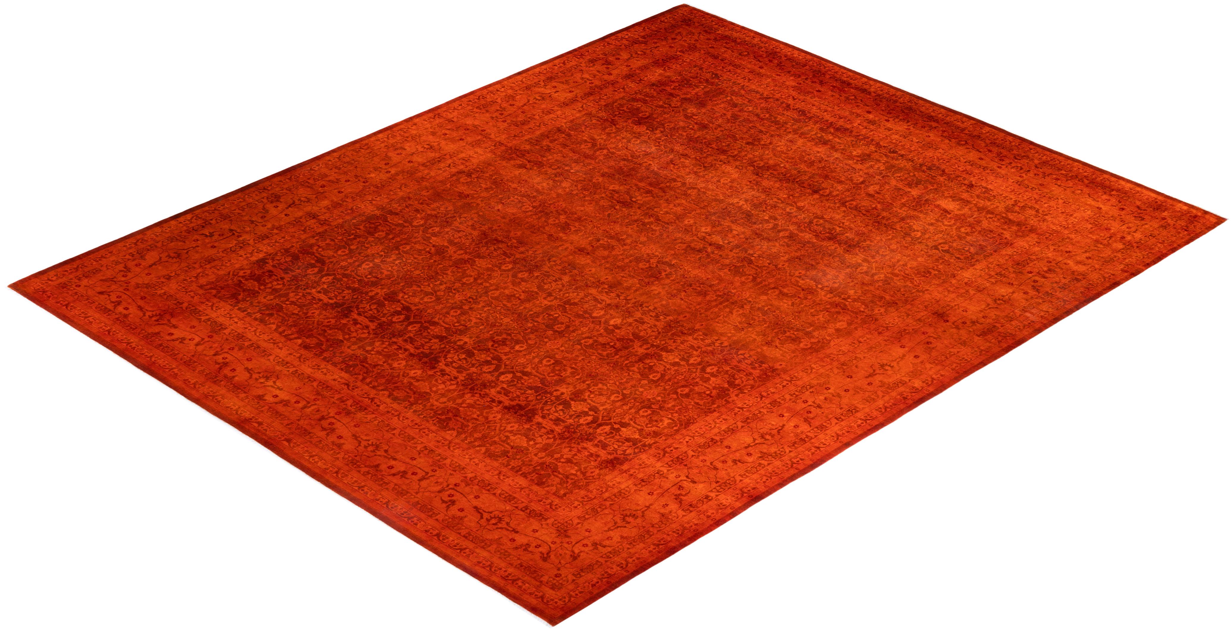Contemporary Fine Vibrance Hand Knotted Wool Orange Area Rug For Sale 4