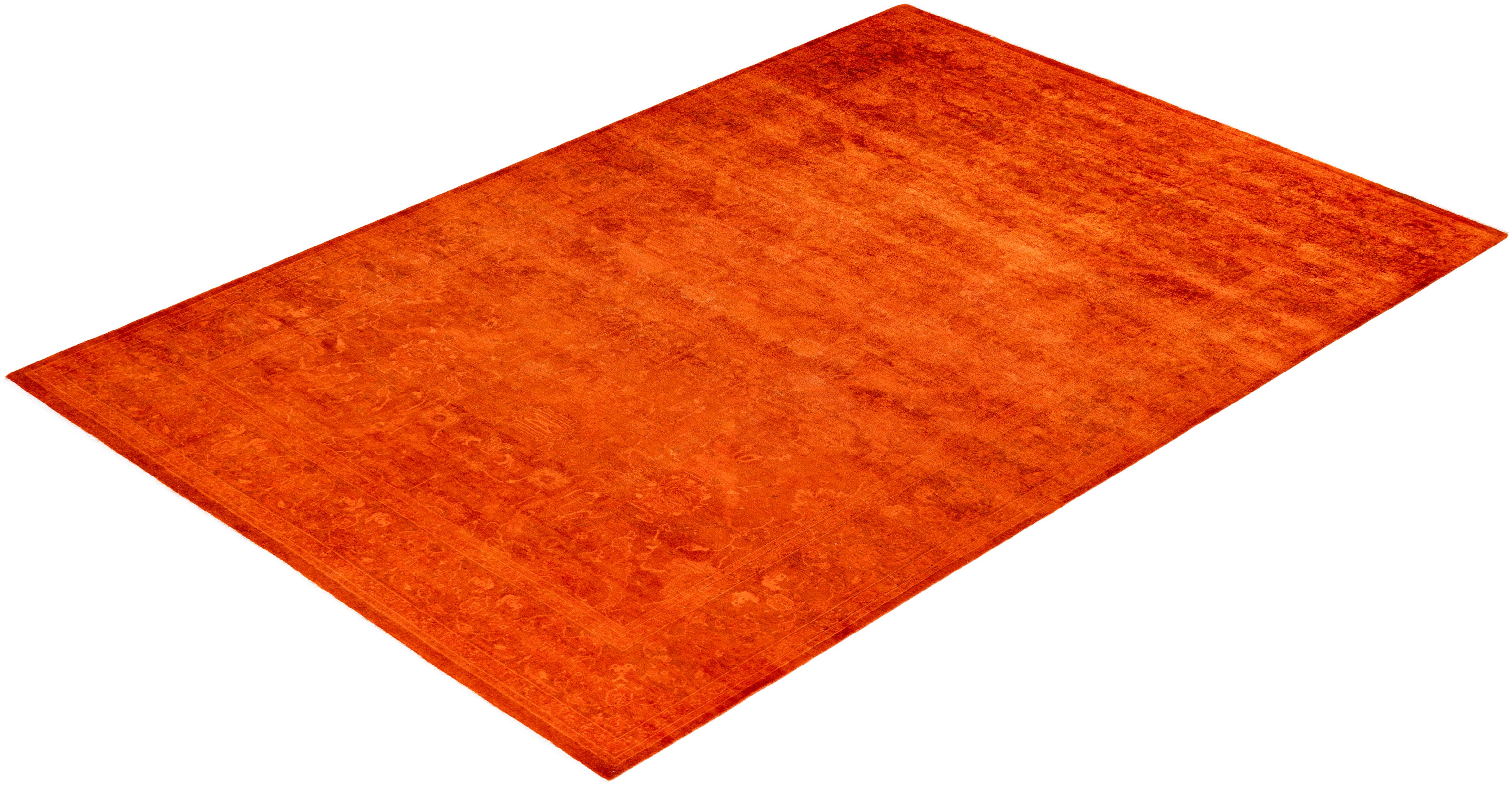 Contemporary Fine Vibrance Hand Knotted Wool Orange Area Rug For Sale 4