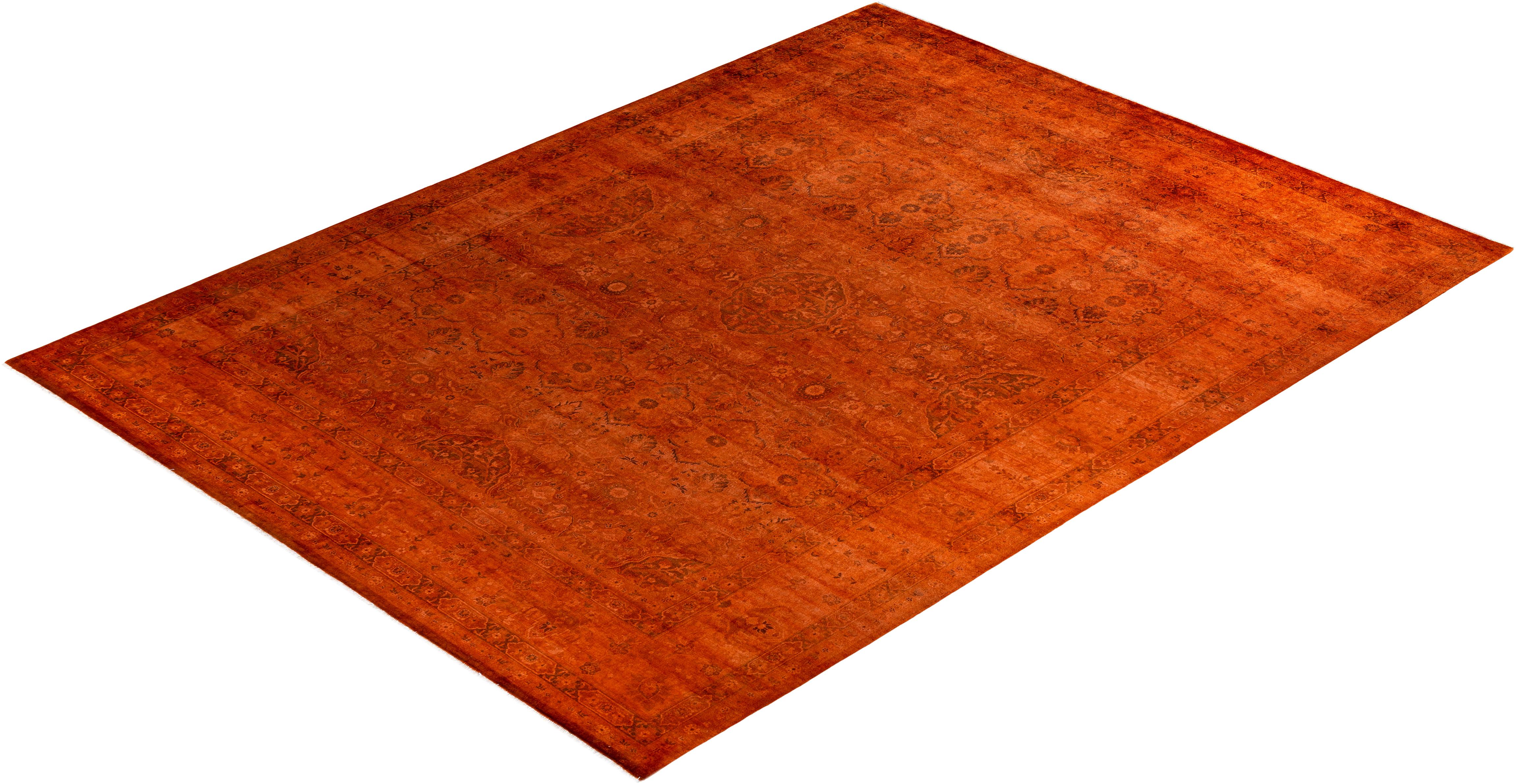 Contemporary Fine Vibrance Hand Knotted Wool Orange Area Rug For Sale 4