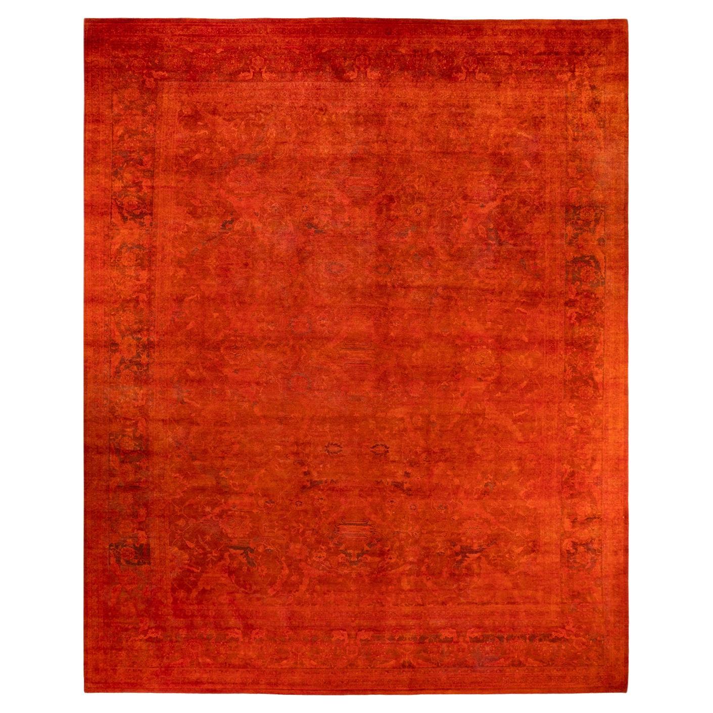 Contemporary Fine Vibrance Hand Knotted Wool Orange Area Rug For Sale