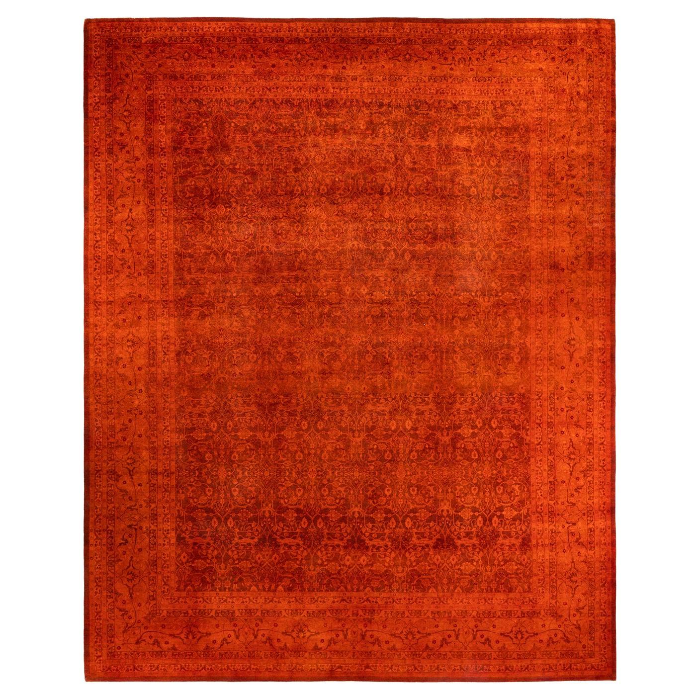 Contemporary Fine Vibrance Hand Knotted Wool Orange Area Rug For Sale