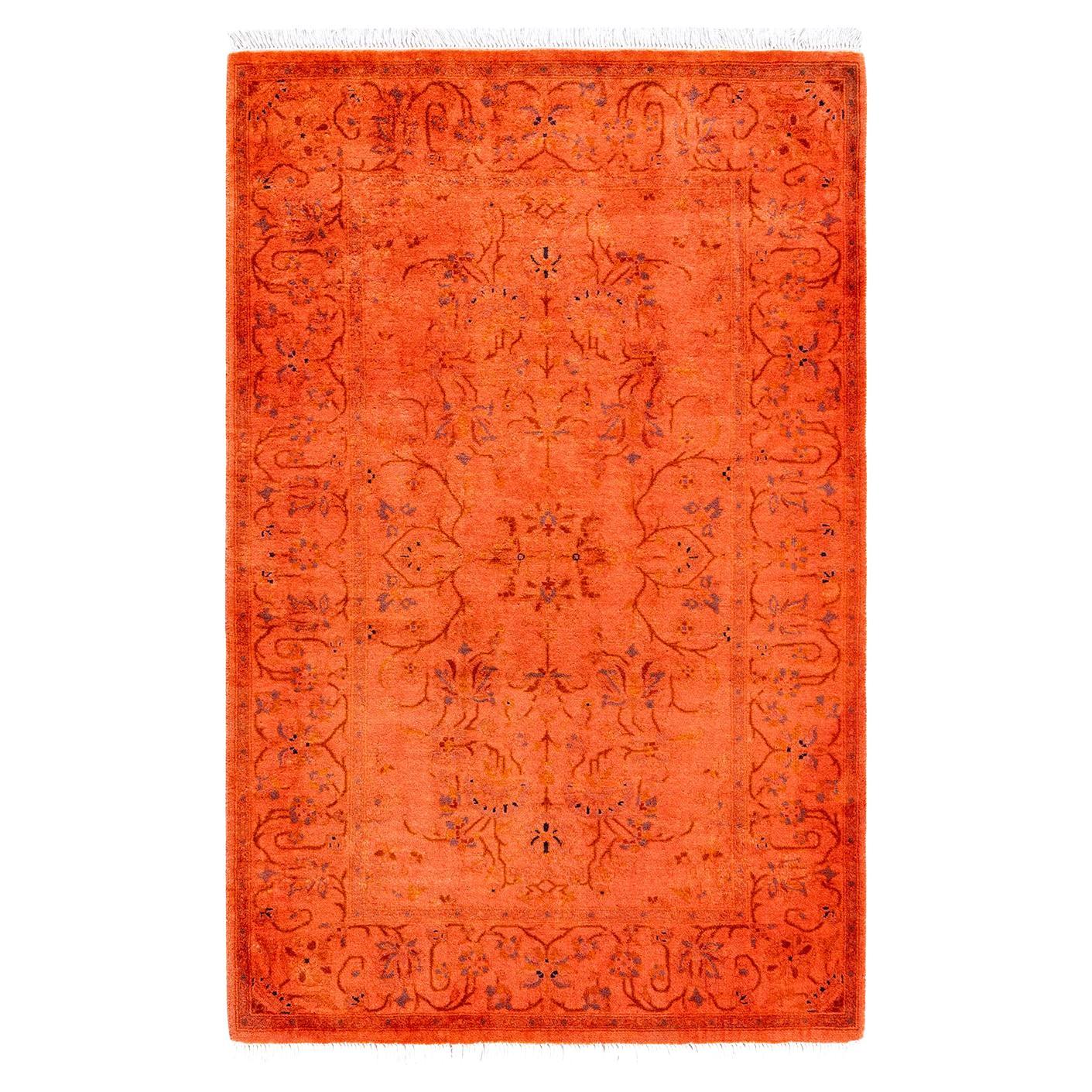 Contemporary Fine Vibrance Hand Knotted Wool Orange Area Rug  For Sale