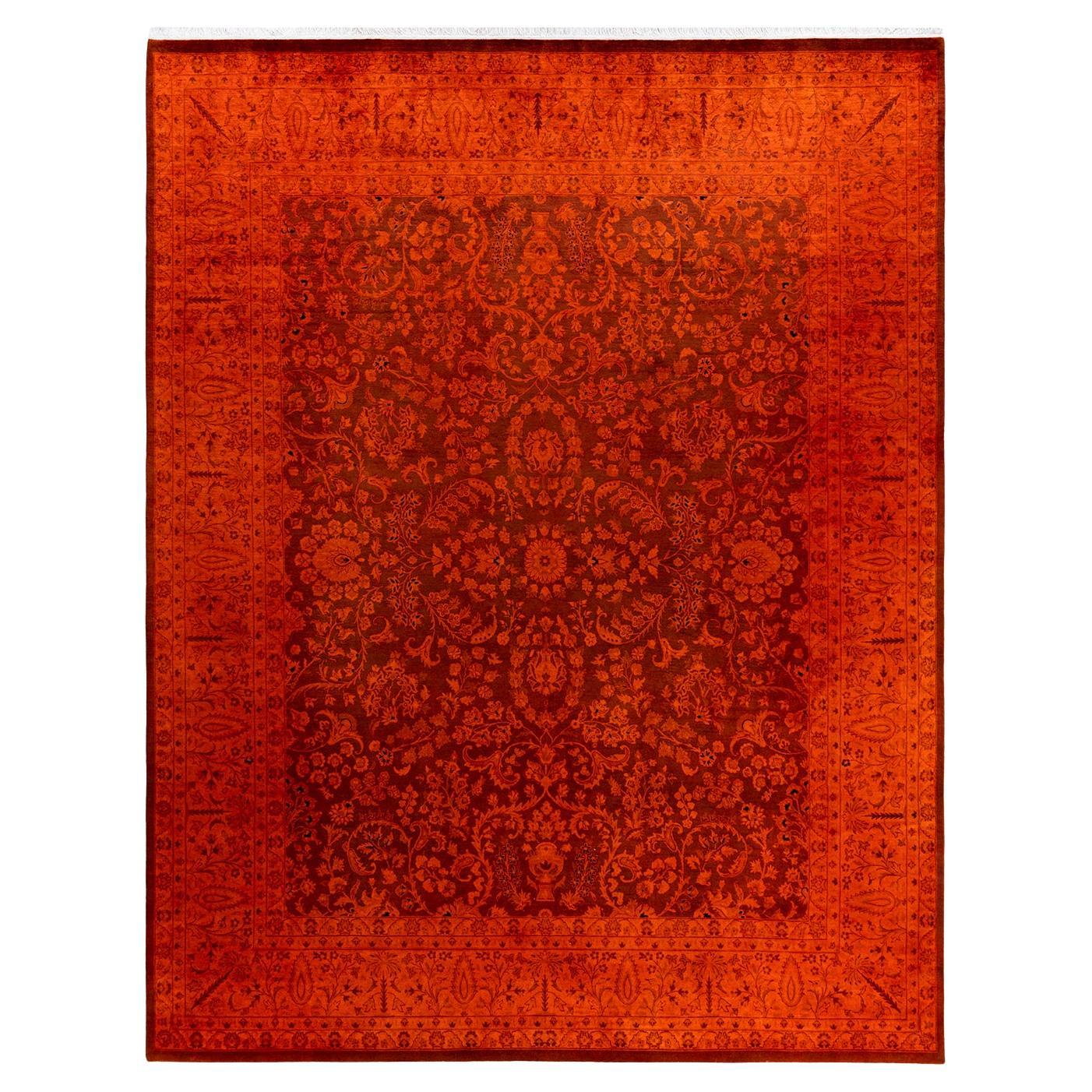 Contemporary Fine Vibrance Hand Knotted Wool Orange Area Rug  For Sale