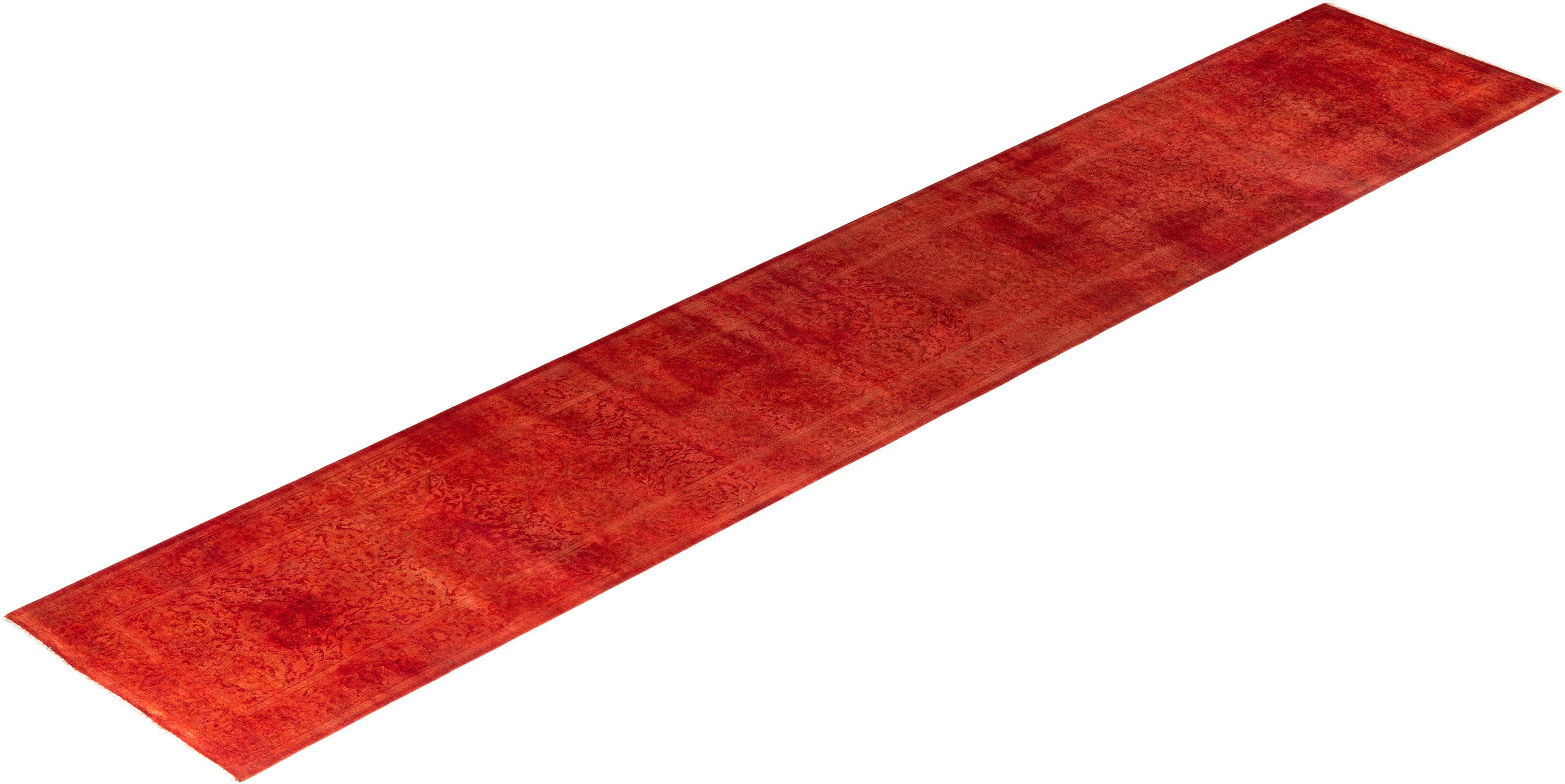 Contemporary Fine Vibrance Hand Knotted Wool Orange Runner For Sale 4