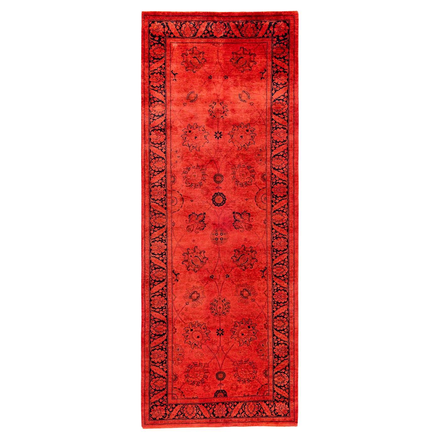 Contemporary Fine Vibrance Hand Knotted Wool Orange Runner For Sale