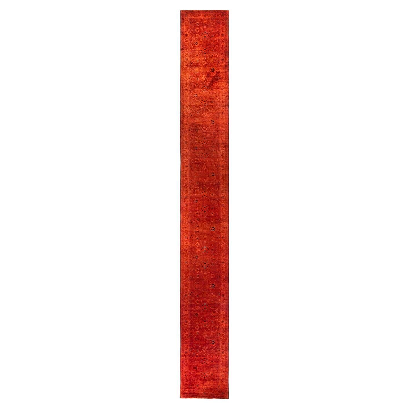 Contemporary Fine Vibrance Hand Knotted Wool Orange Runner  For Sale