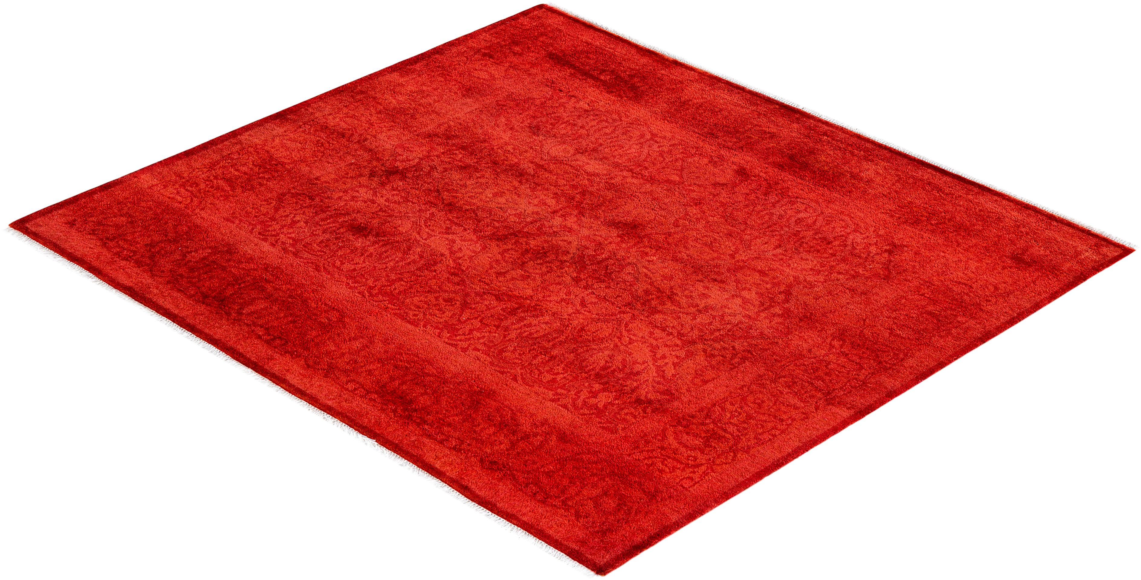 Contemporary Fine Vibrance Hand Knotted Wool Orange Square Area Rug  For Sale 4
