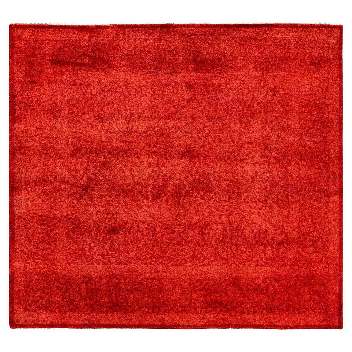 Contemporary Fine Vibrance Hand Knotted Wool Orange Square Area Rug  For Sale