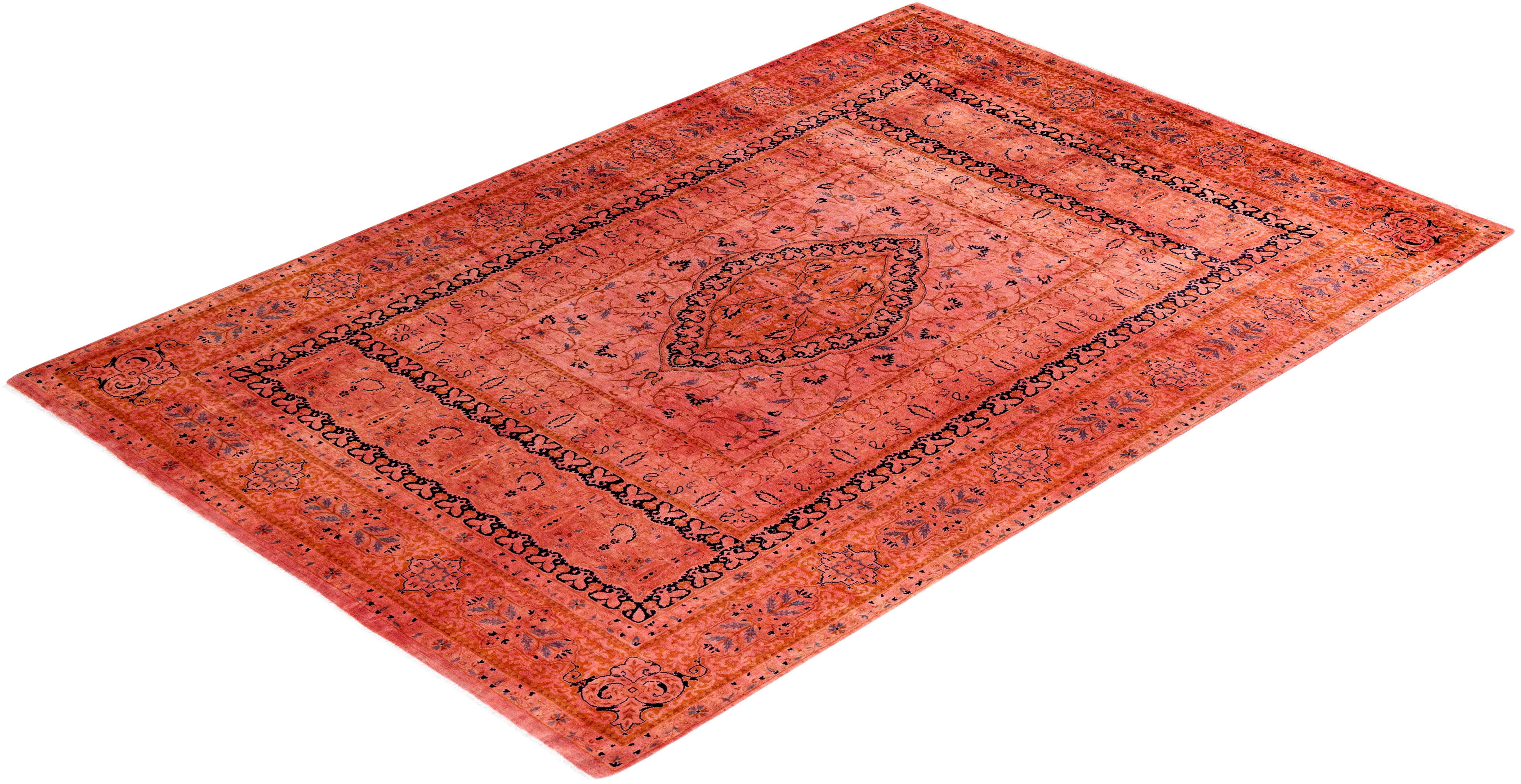 Contemporary Fine Vibrance Hand Knotted Wool Pink Area Rug For Sale 4