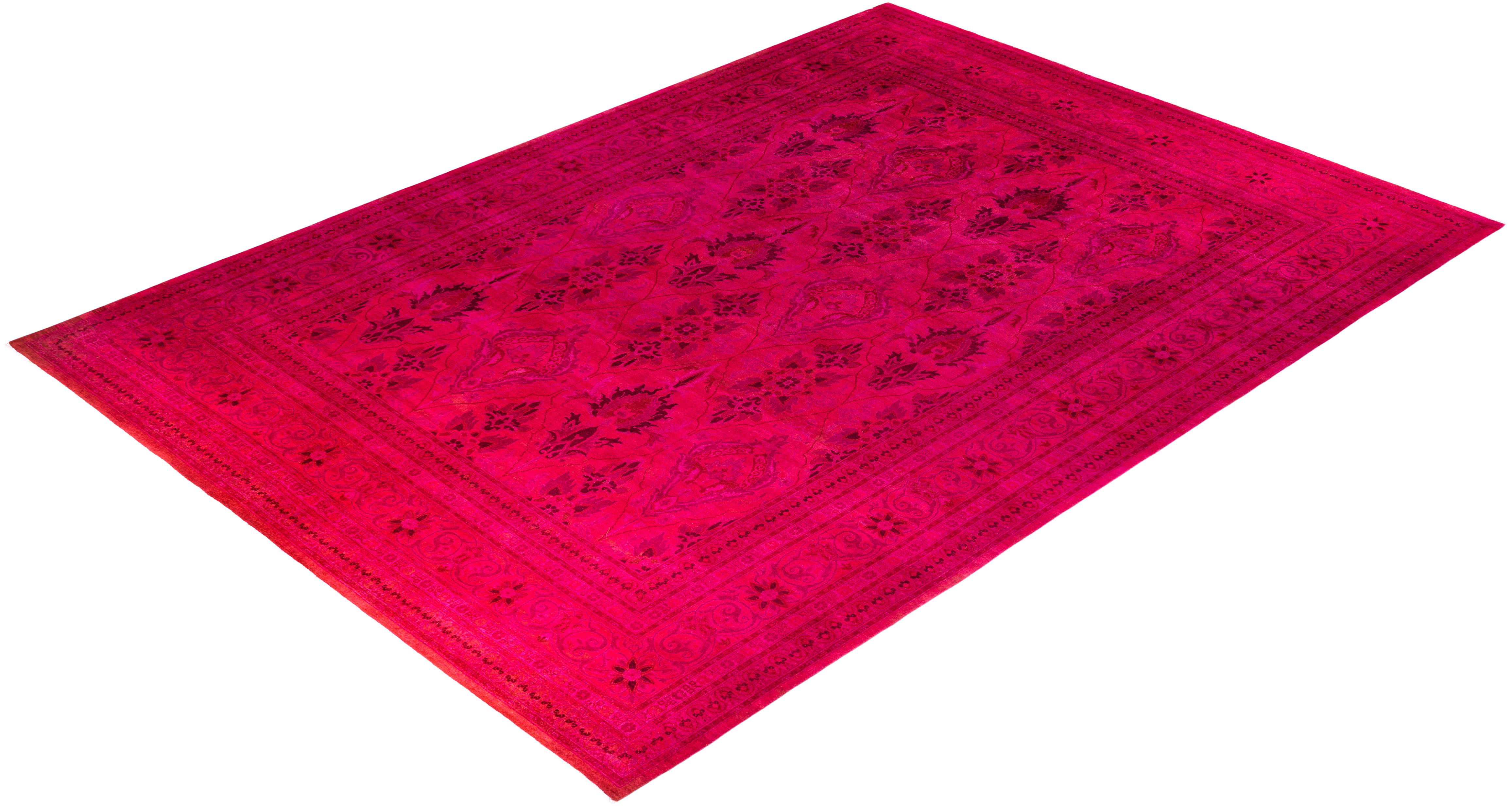 Contemporary Fine Vibrance Hand Knotted Wool Pink Area Rug For Sale 4