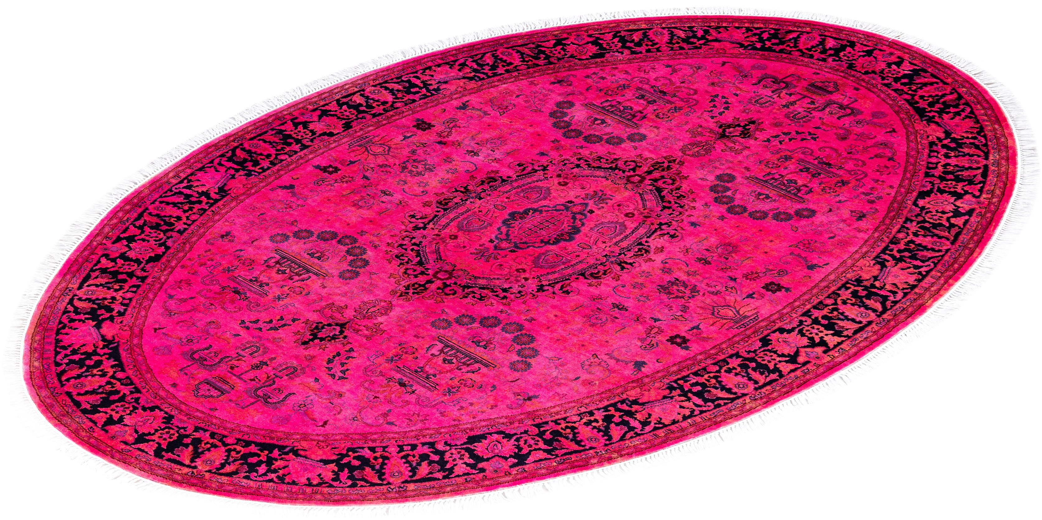 Contemporary Fine Vibrance Hand Knotted Wool Pink Oval Area Rug  For Sale 4