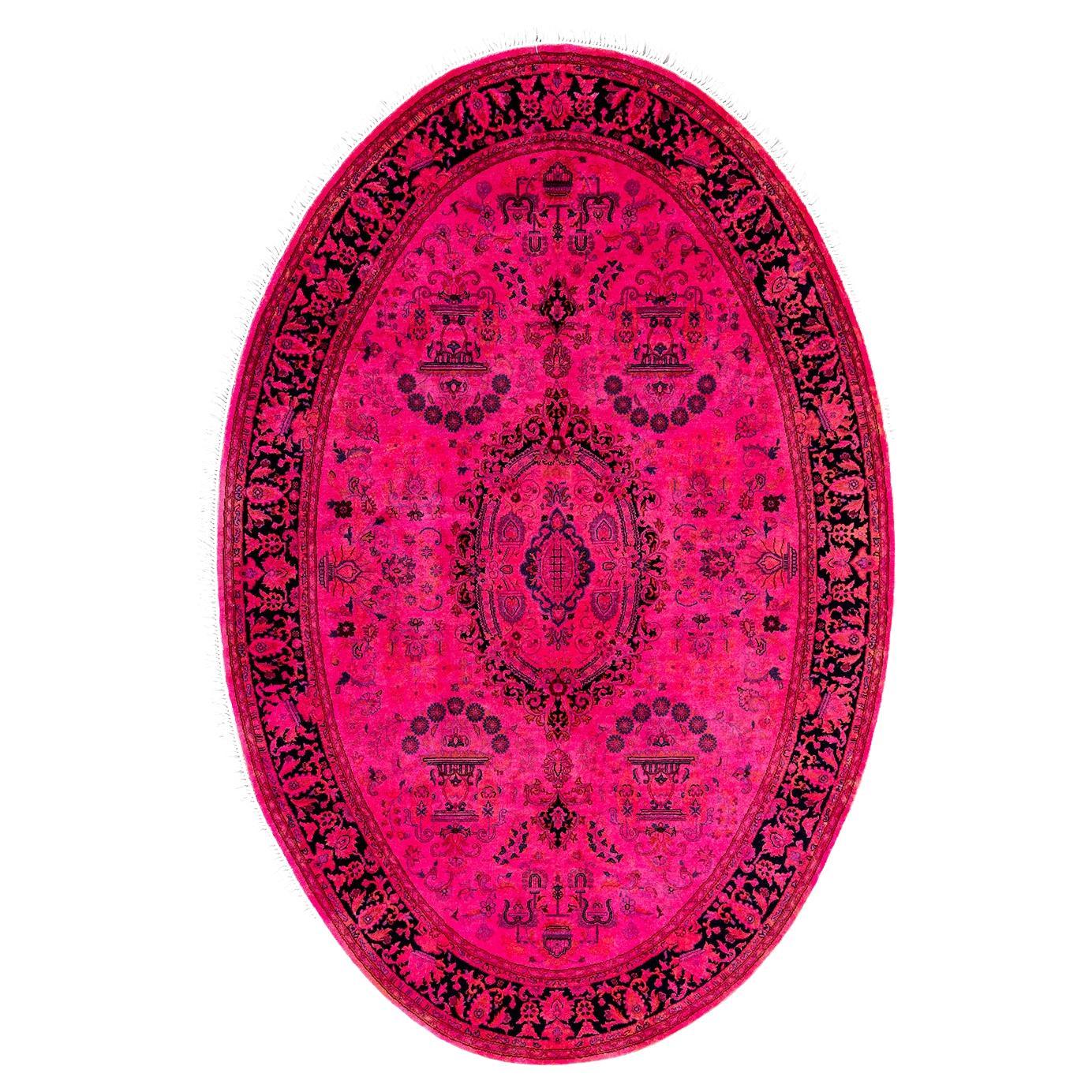 Contemporary Fine Vibrance Hand Knotted Wool Pink Oval Area Rug  For Sale